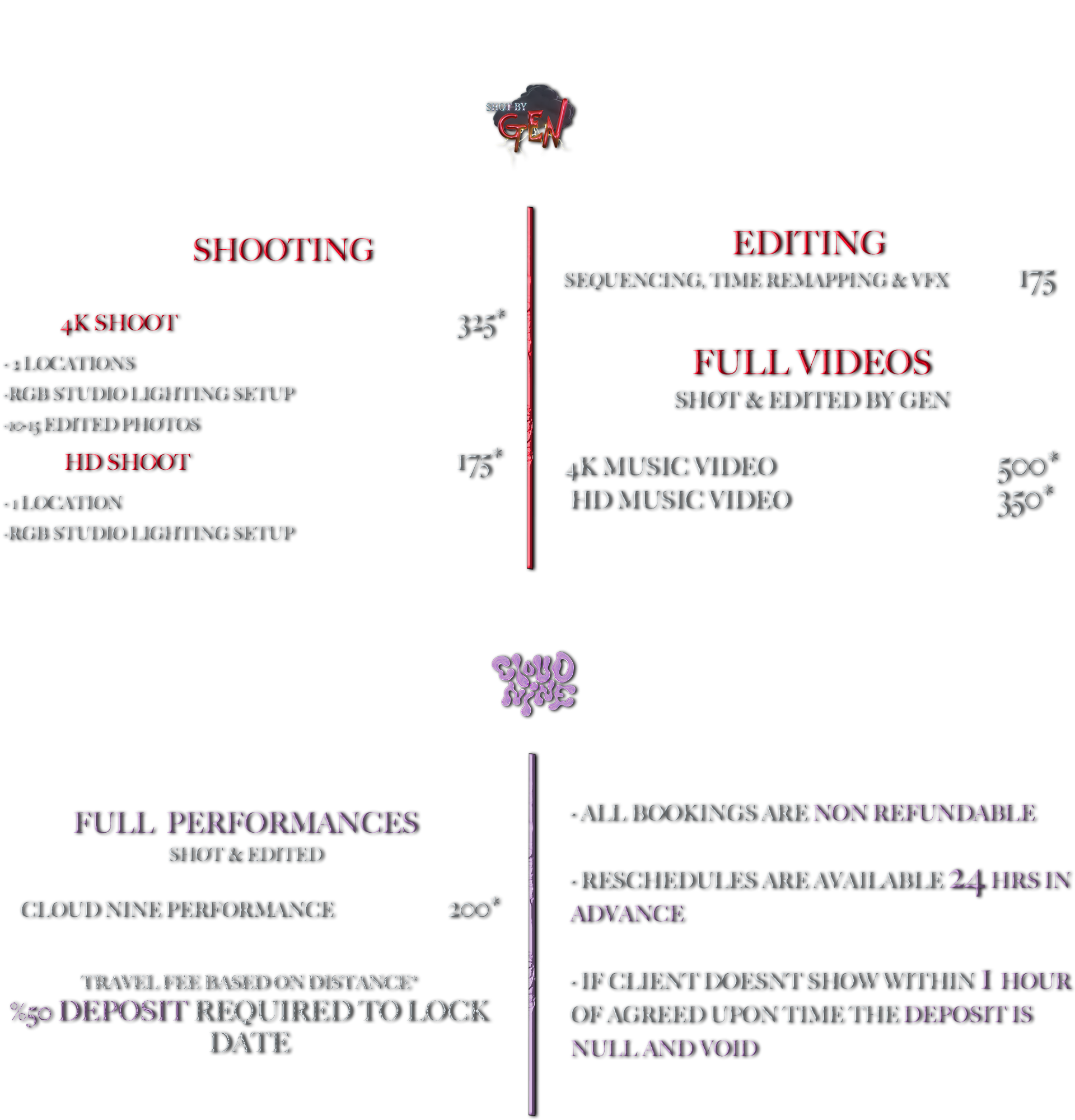 A promotional pricing sheet for video production services featuring different packages and details, with divisions for shooting, editing, full videos, performances, and policies, in black background with red, white, and purple text.