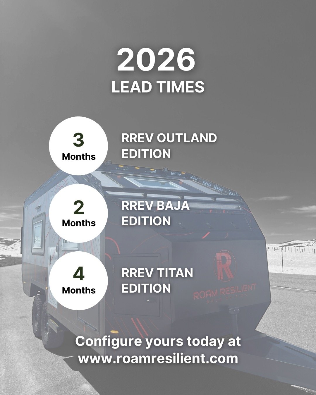 Lead times for 2026 have now significantly improved compared to 2025. We are now in full "production mode" with quicker turn arounds for your Outland, Baja and Titan Edition builds. Head to www.roamresilient.com/order to configure your ulti