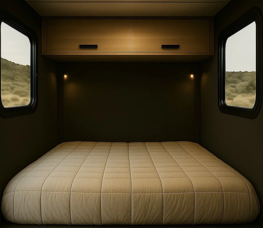 Interior of a compact camper or tiny home with a bed, two windows showing outdoors, and a wooden overhead cabinet.