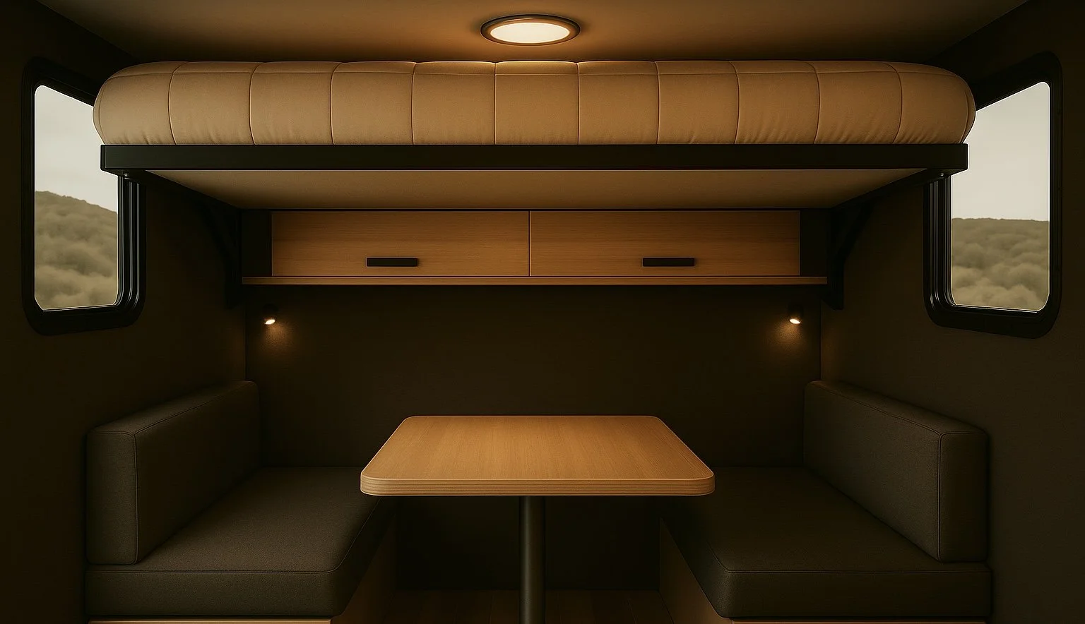Interior of a compact camper trailer with a fold-up bed above a booth with a small table, two windows, and built-in storage cabinets.
