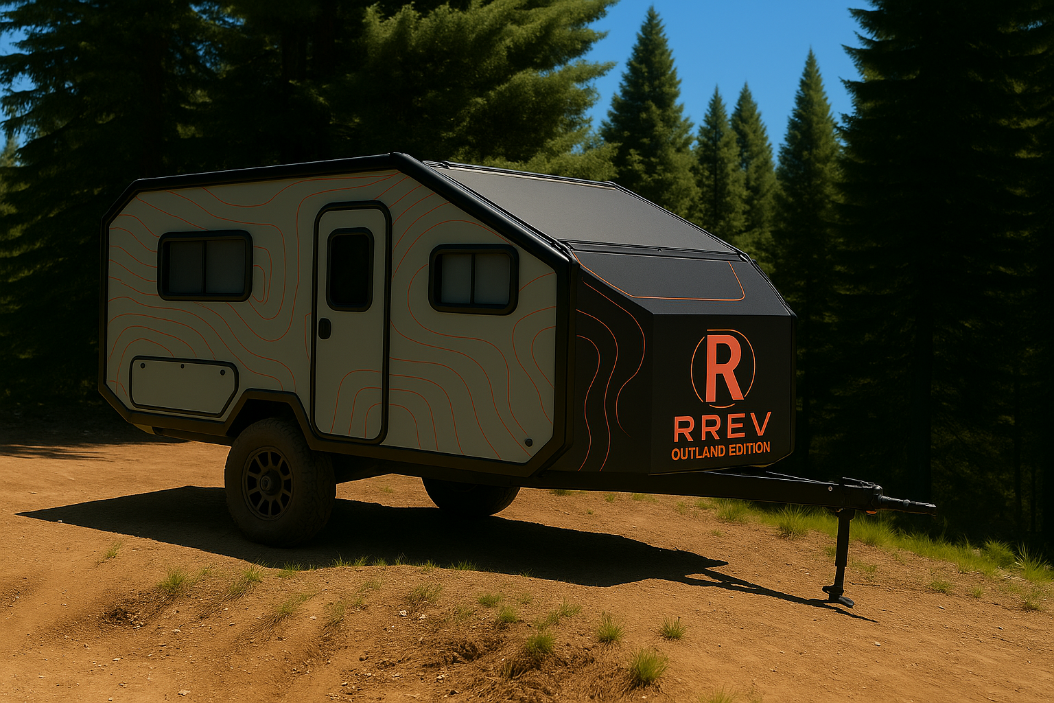 A modern, compact travel trailer with black and gray exterior parked on dirt ground with a forest of pine trees in the background.