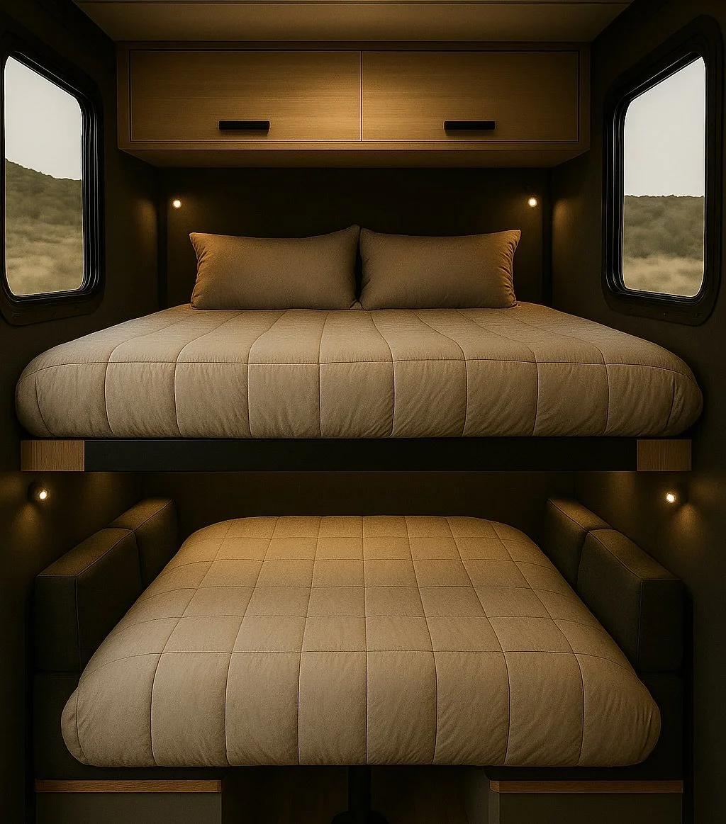 Interior of a compact living space with top and bottom beds, beige bedding, two windows with scenic views, and small lights.