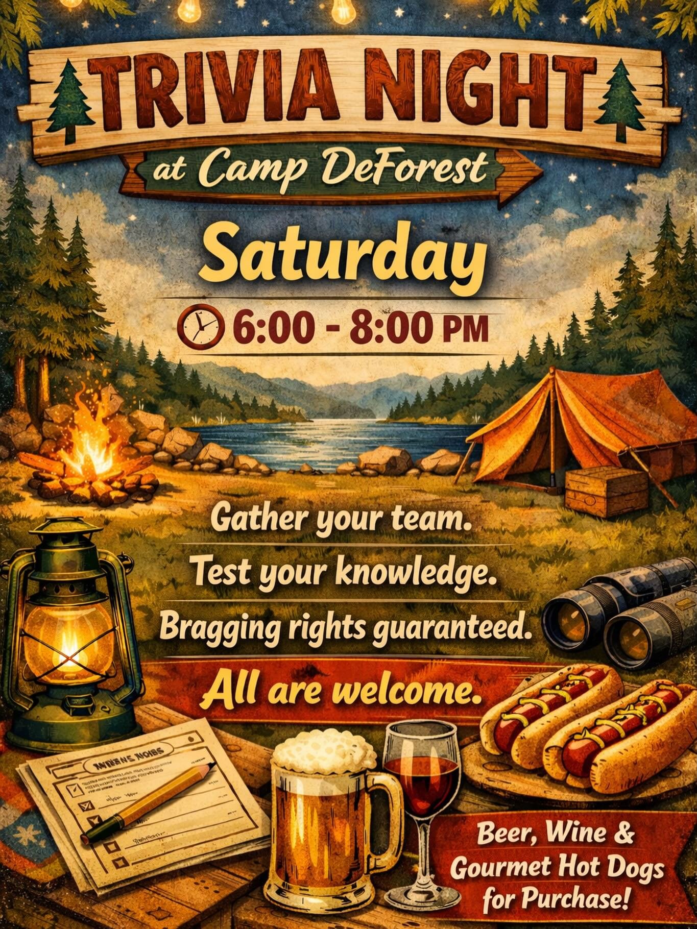 Welcome all Toboggan Champions, racers and guests alike! After you hit the chutes, come join us for trivia at Camp DeForest. Saturday | 6&ndash;8pm Beer, wine &amp; gourmet hot dogs available for purchase. 10% off for anyone who can prove they went d