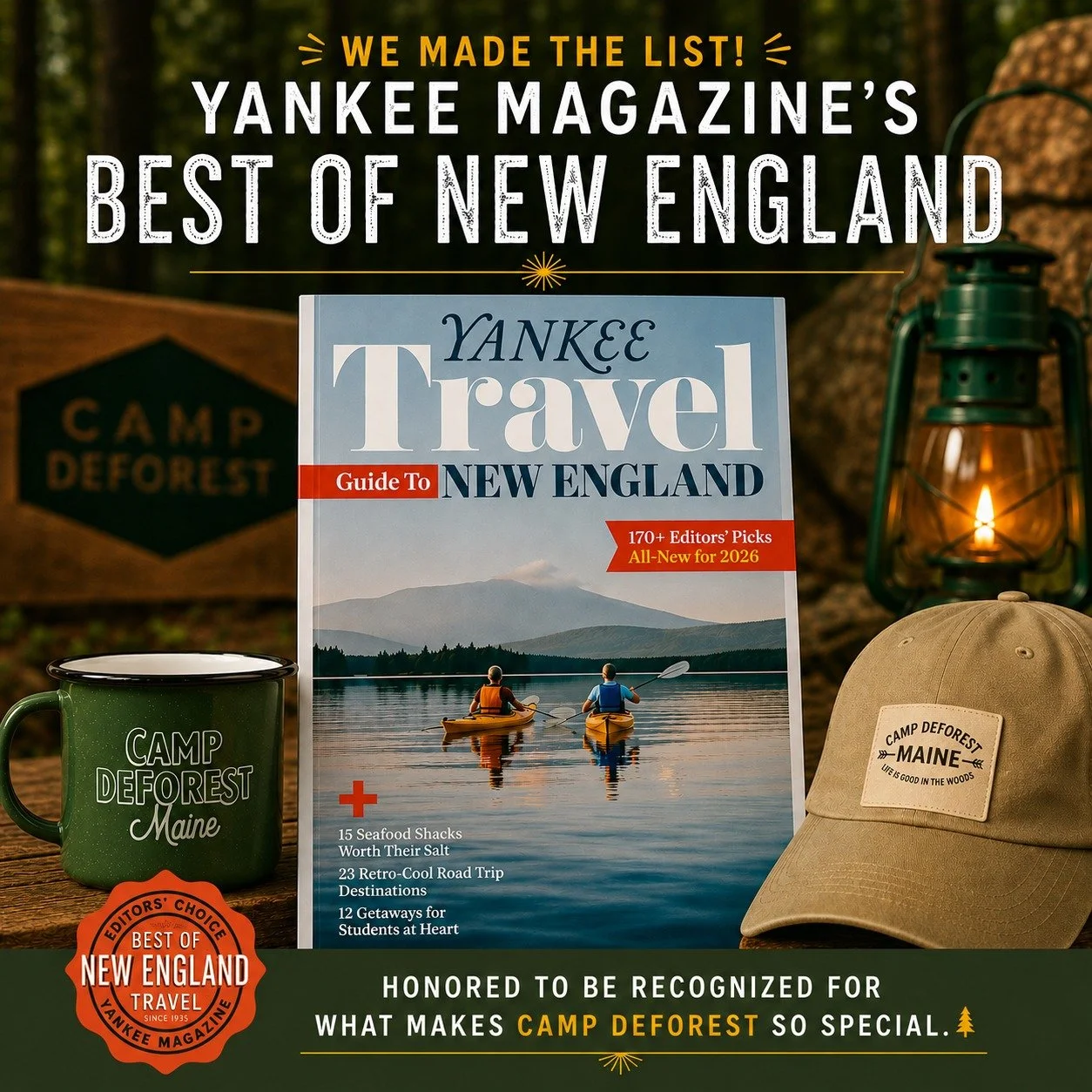 Honored to be named one of Yankee Magazine&rsquo;s Best of New England 2026 Editor&rsquo;s Picks for Best New Lodging (Thanks @yankeemagazine!) And to our campers: From campfires and cabins to banana bread and bonfires, thank you for making Camp DeFo