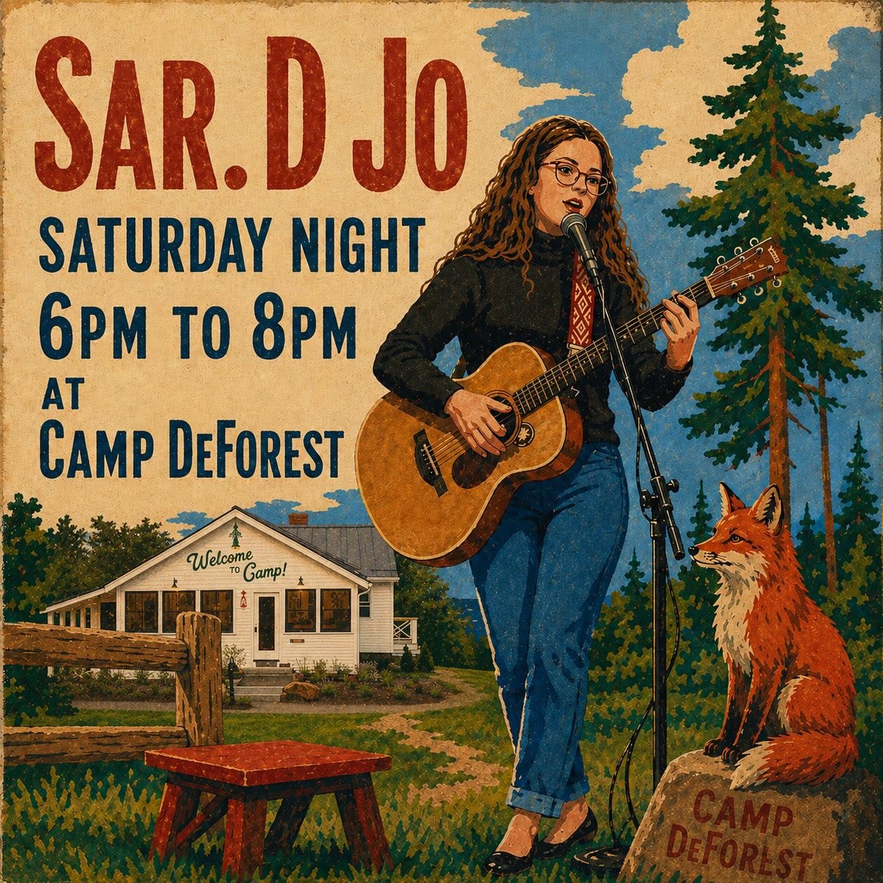 Sar. D Jo is back at Camp this Saturday night! Join us fire side for some live music and the warm glow of community. @campdeforestme @sar.d.jo