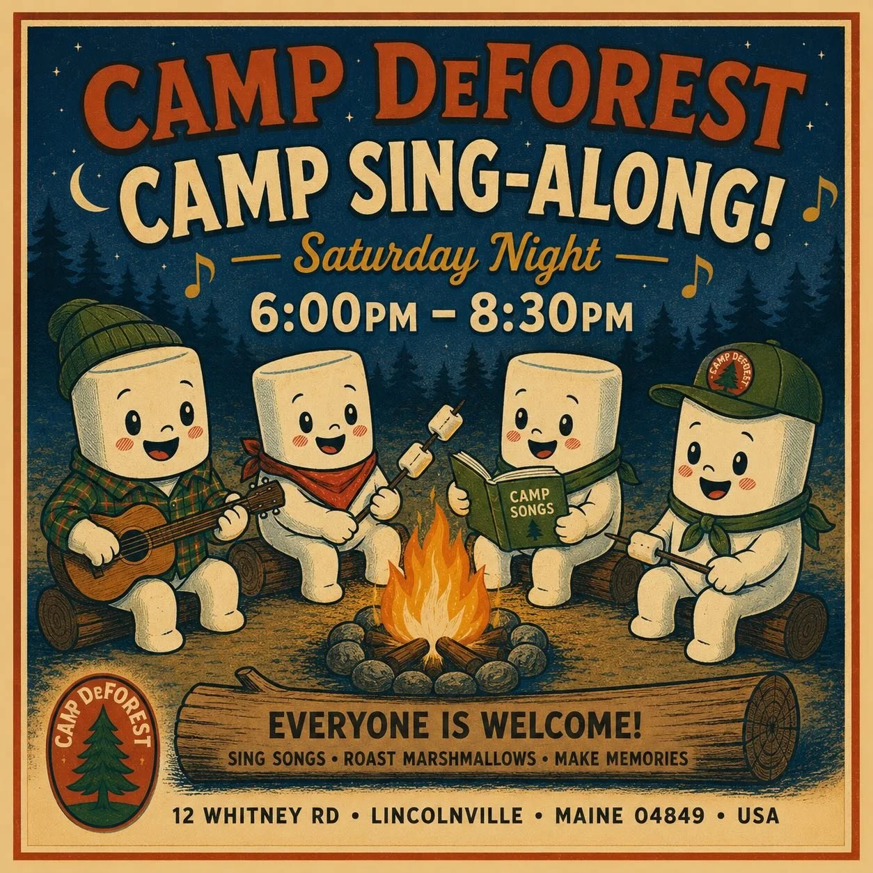 🎵 CAMP DEFOREST CAMP SING-ALONG 🎵
Saturday Night, June 6th
6:00 PM &ndash; 8:30 PM
@campdeforestme @mainetourism #happyplace #singing #joy #campfire #vacationland