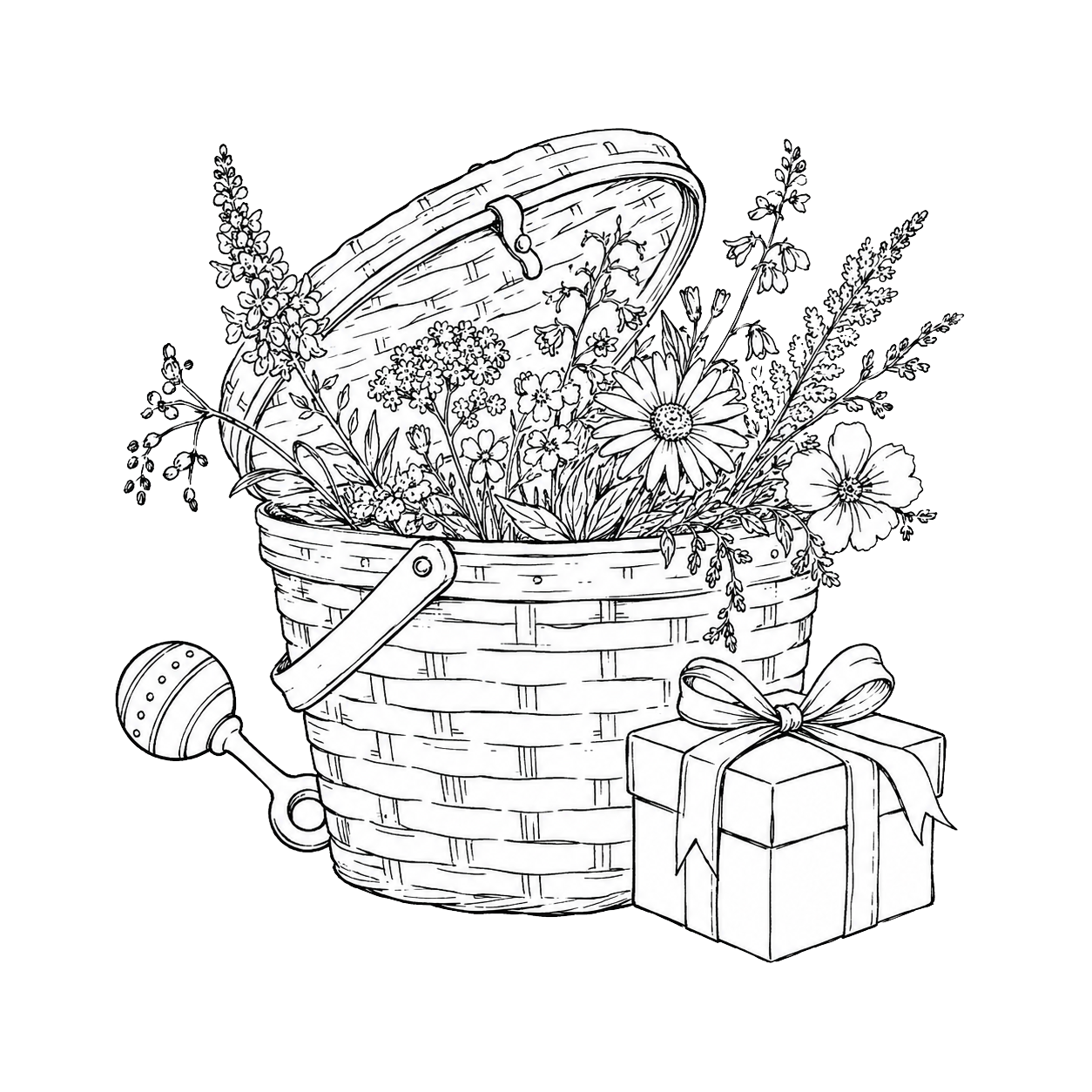 Black and white illustration of a wicker basket filled with various flowers, a small gardening hammer beside it, and a gift box with a ribbon in front.