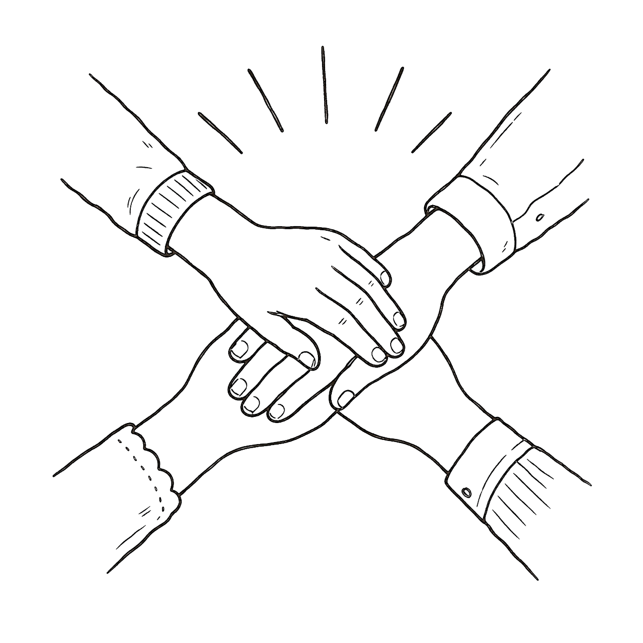 Illustration of four hands in cuffs clasping each other's wrists in a circle.