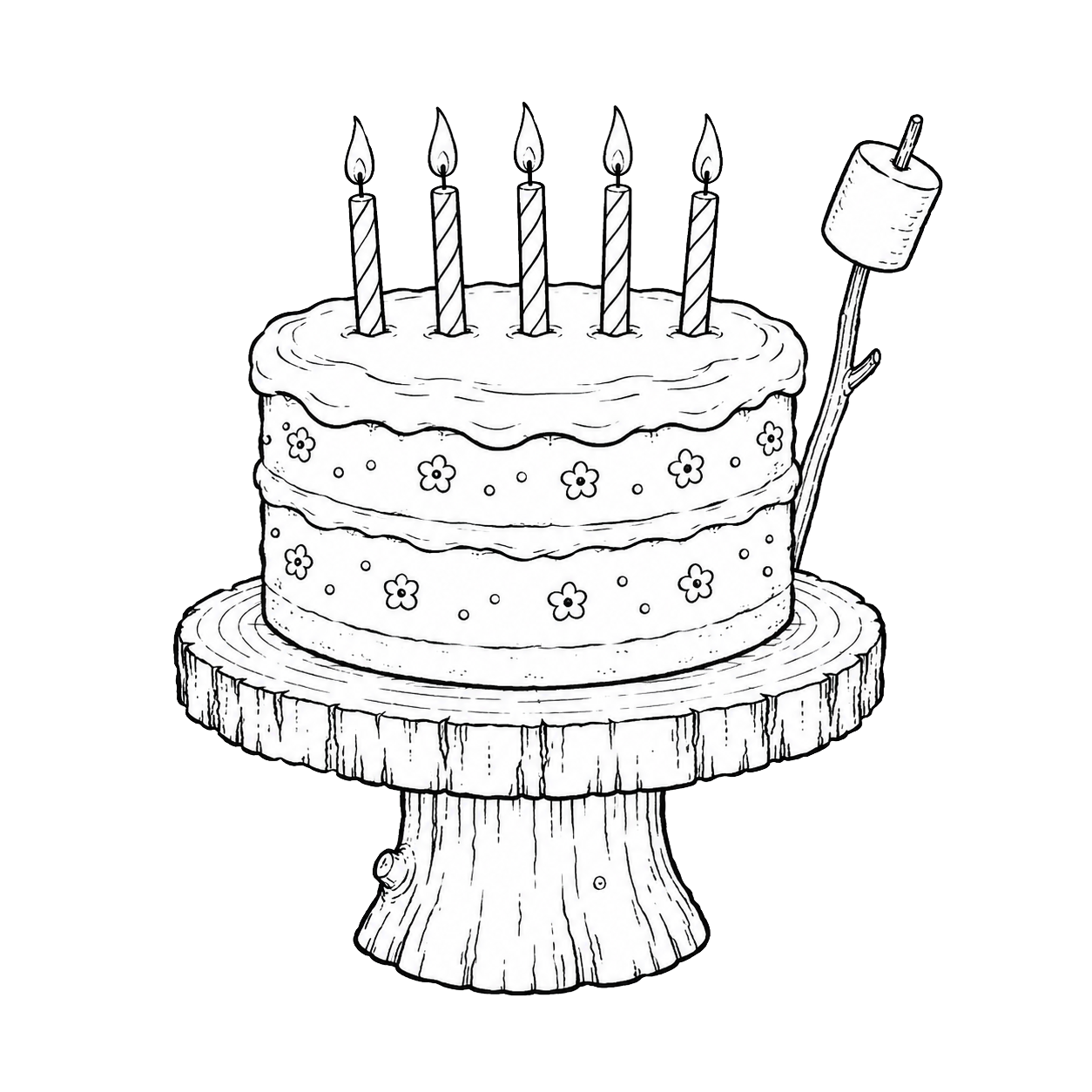 Black and white line drawing of a birthday cake with five lit candles on a wooden cake stand, decorated with flower patterns.