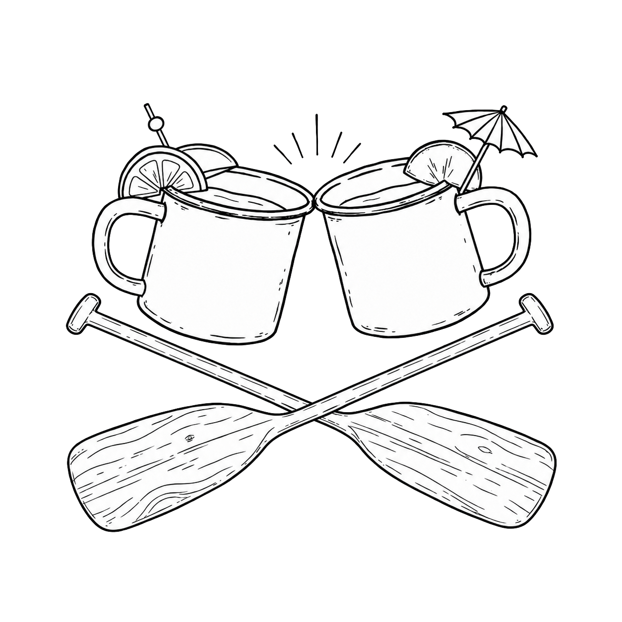 Line drawing of two mugs with lemon slices and drinks, crossed paddles, and wooden ski poles underneath.