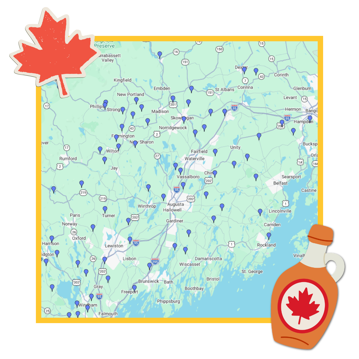 Map of Sugarhouses Participating in Maine Maple Sunday Weekend.