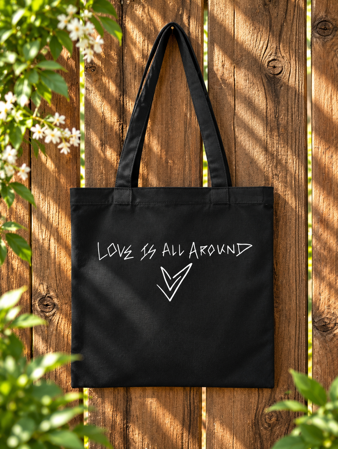 Love Is All Around Tote Bag - Black (White Graphics)