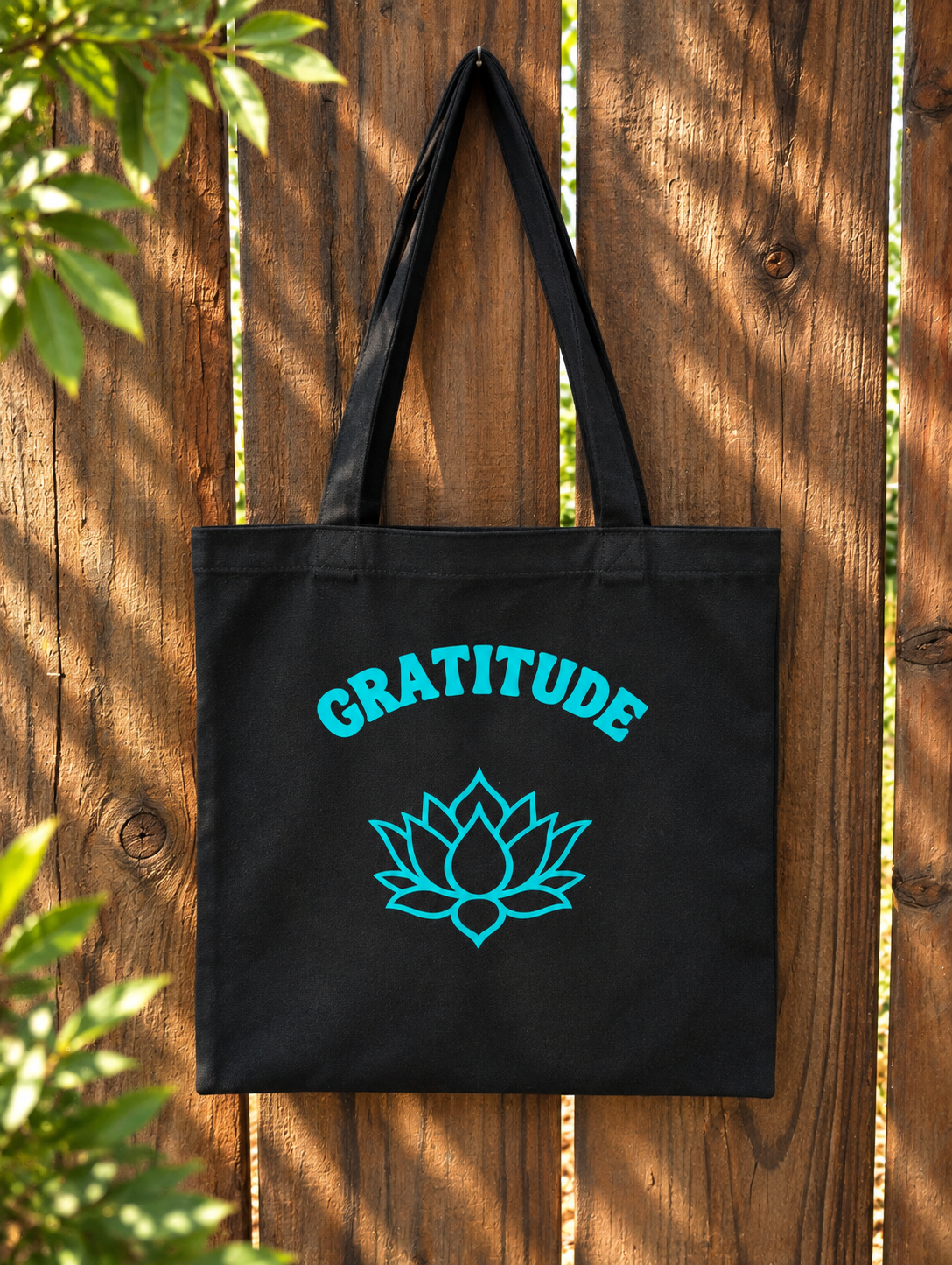 Gratitude Lotus Tote Bag - Black (Teal Graphics)