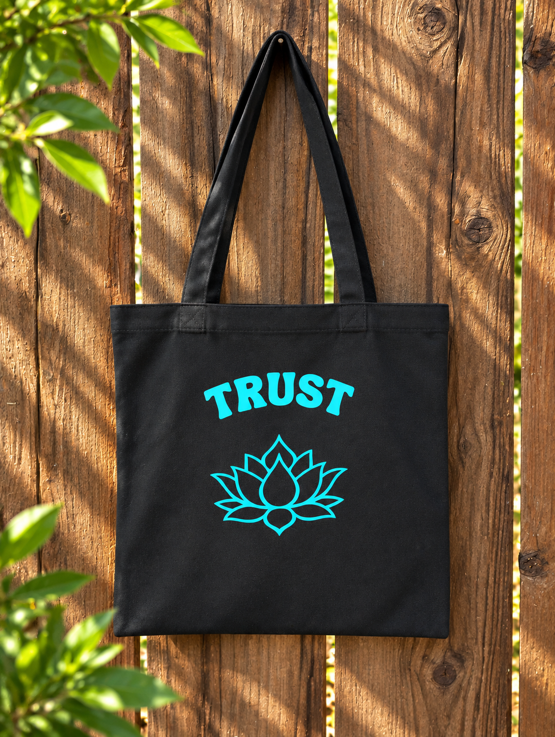 Trust Lotus Tote Bag - Black (Teal Graphics)