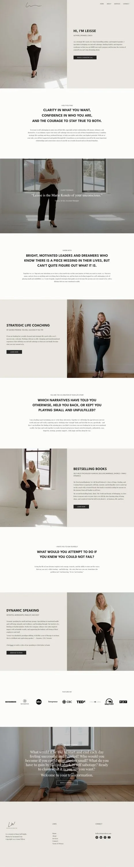A webpage featuring Leisse, a motivational speaker and coach. The page has six sections with images of her in various poses indoors and outdoors. The text highlights themes of confidence, self-awareness, and transformation, with calls to action for coaching, books, and speaking engagements.