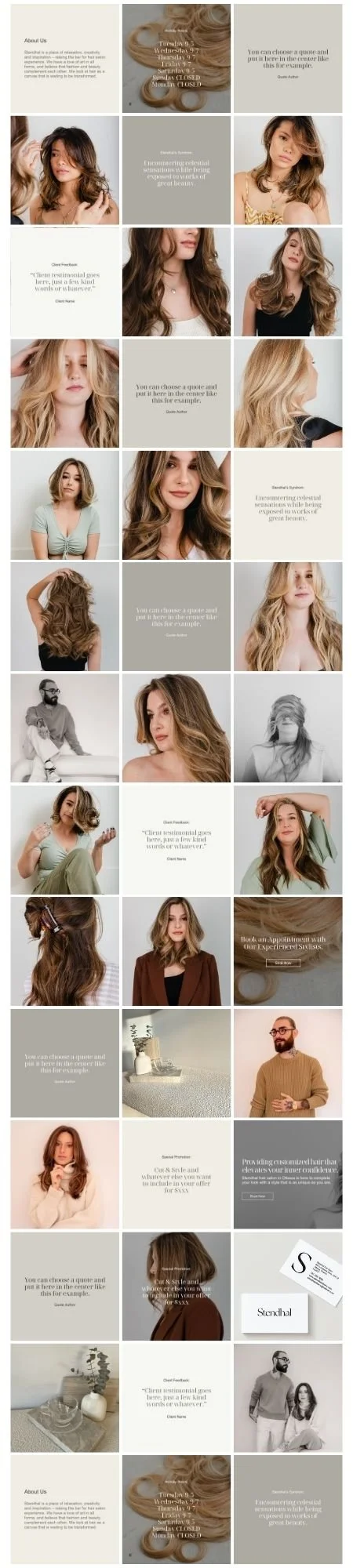 A collage of images including women with styled hair, skincare products, a man and woman, and text quotes about beauty and confidence.