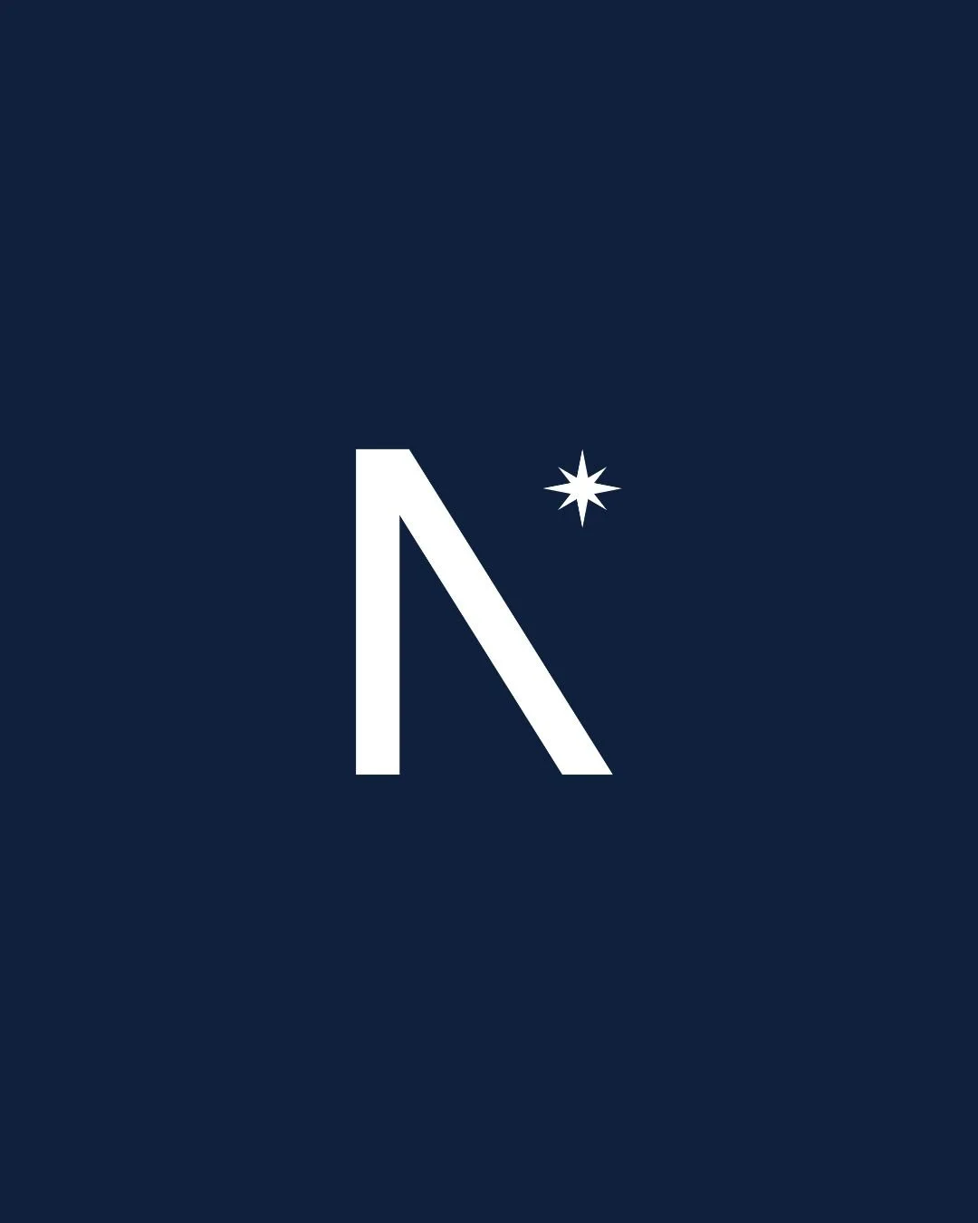 A dark blue background with a white logo featuring a stylized letter 'N' and a small white star to the right of the letter.