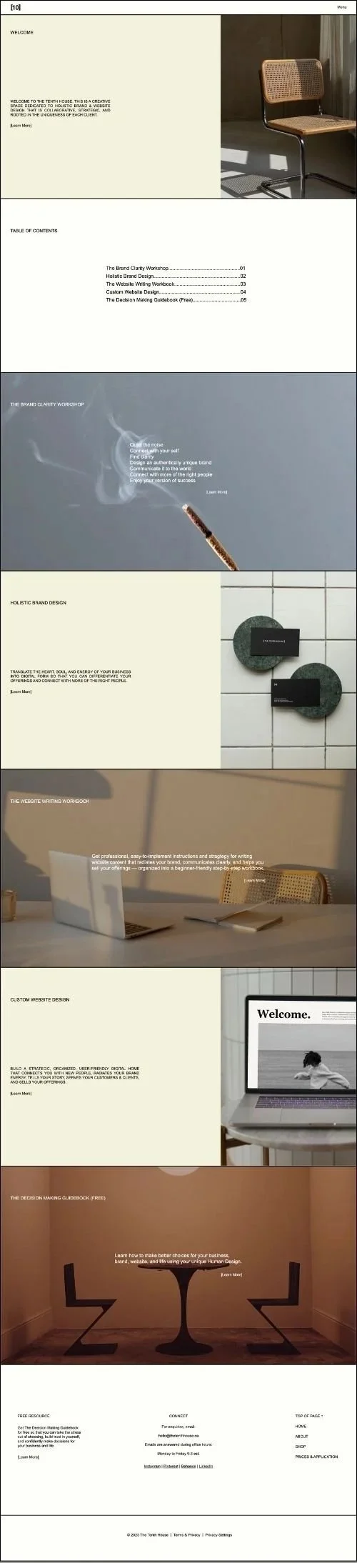 Full modern minimalist editorial style website home page with split screen sections with colourful photos on half and pale yellow background with text on the other half.