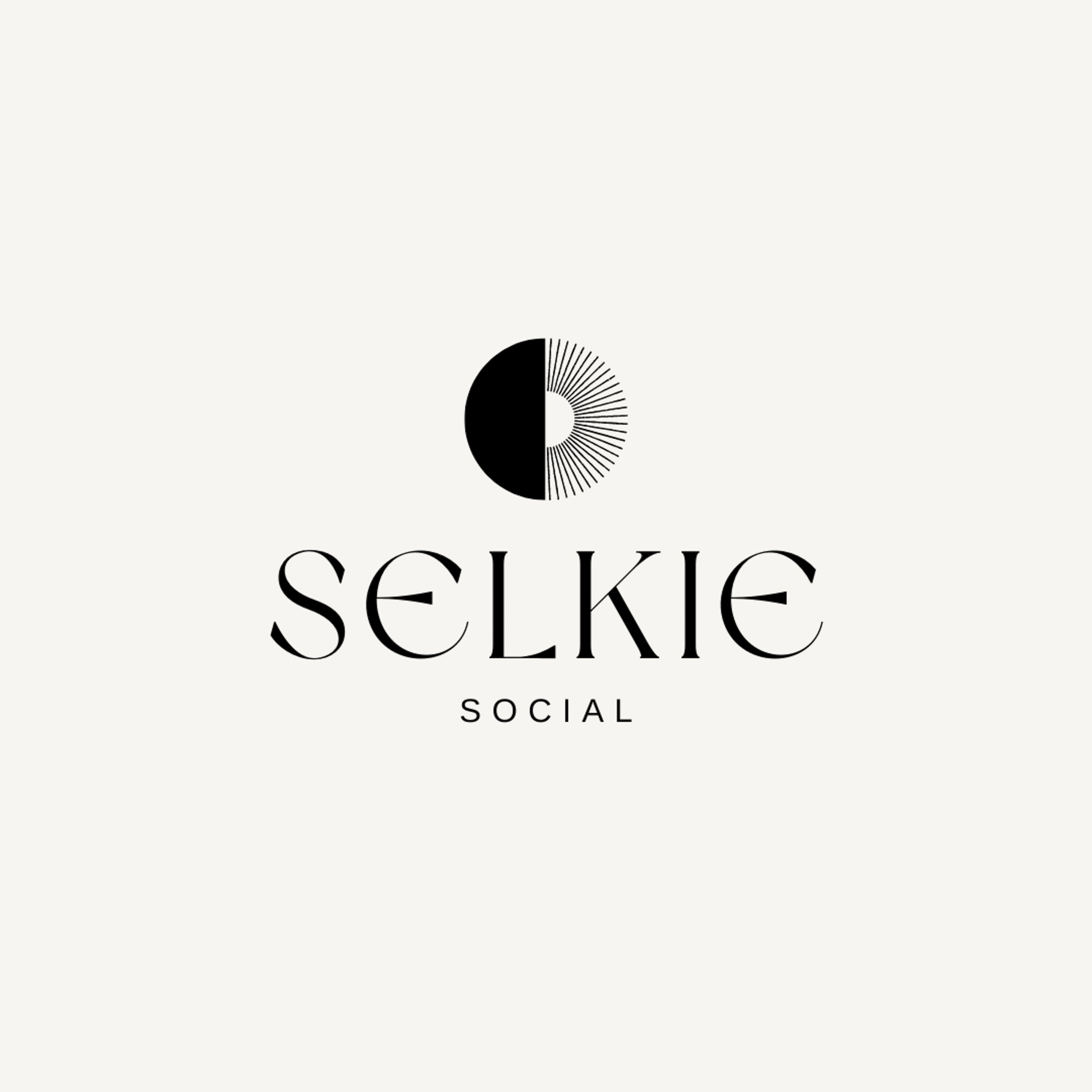 Logo for Selkie Social featuring a black crescent moon with radiating lines on a light gray background and the words 'Selkie Social' in elegant Gaelic black font.