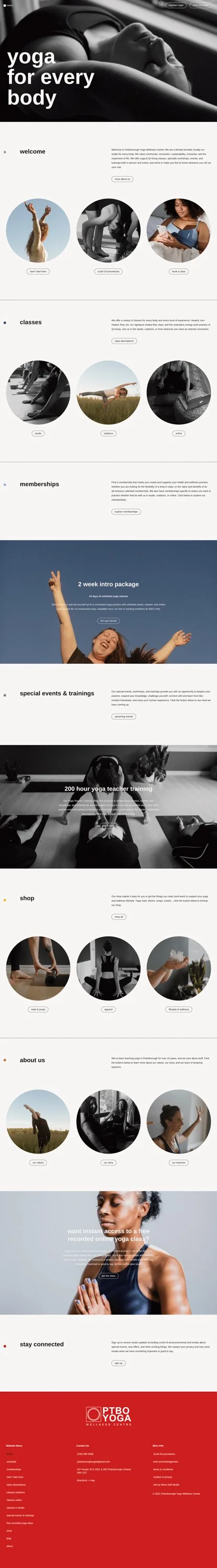A website page for PTBO Yoga, a wellness center offering yoga classes, memberships, special events, and teacher training. Features images of people practicing yoga and relaxing, with sections for classes, memberships, events, shop, about us, and stay connected.