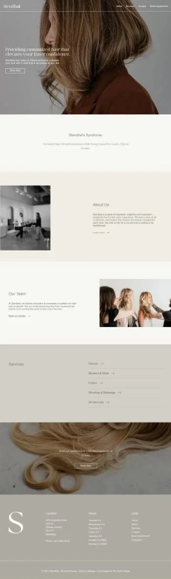 Website homepage for a hair salon called Steendlia's Syndrome featuring a large image of a woman with styled hair at the top, with sections about the salon, its team, services, and contact information, including a black-and-white photo of clients and a color photo of a hairstylist with clients.