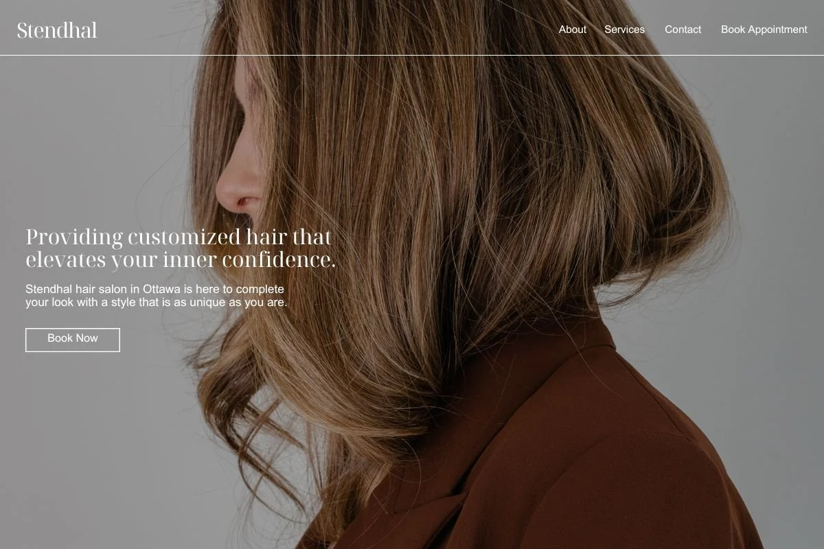 Close-up of a woman with shoulder-length light brown hair, wearing a brown top, in profile view on a gray background, advertising a hair salon.