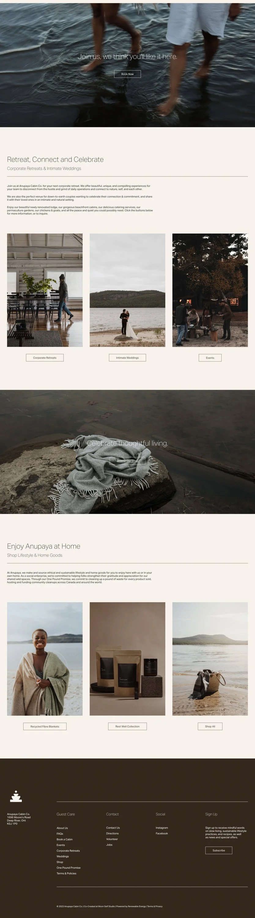 Website homepage for Anupaya Cabin Co., offering retreats and events. The top section features a person walking in water with the text "Join us, we think you'll like it here" and a "Book Now" button. Below, images display a dining area, a couple at the beach, and a group around a fire pit. Further down, a blanket on a rock by the water with the caption "Celebrate thoughtful living" and a section showcasing eco-friendly products, including a woman smiling outdoors, natural skincare items, and a bag on the beach.