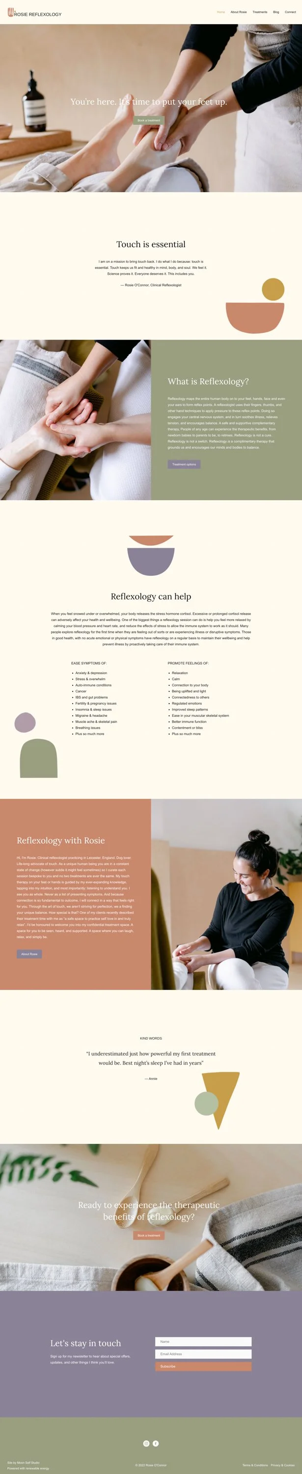 A website for Rose Reflexology featuring images of therapy sessions, text about reflexology benefits, and a contact form, with neutral and earthy color tones.