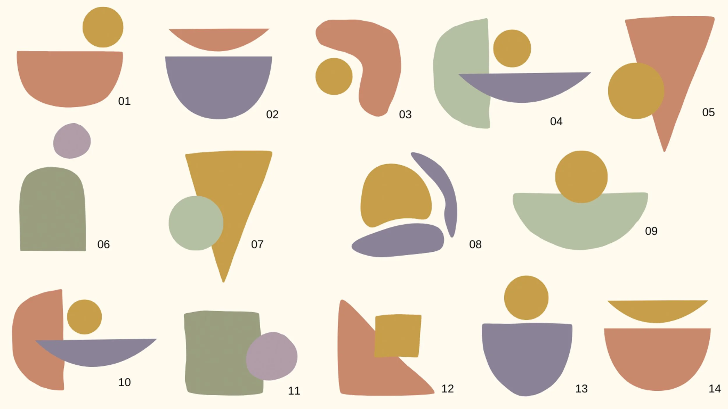 Collection of abstract geometric shapes in pastel colors with numbered labels.
