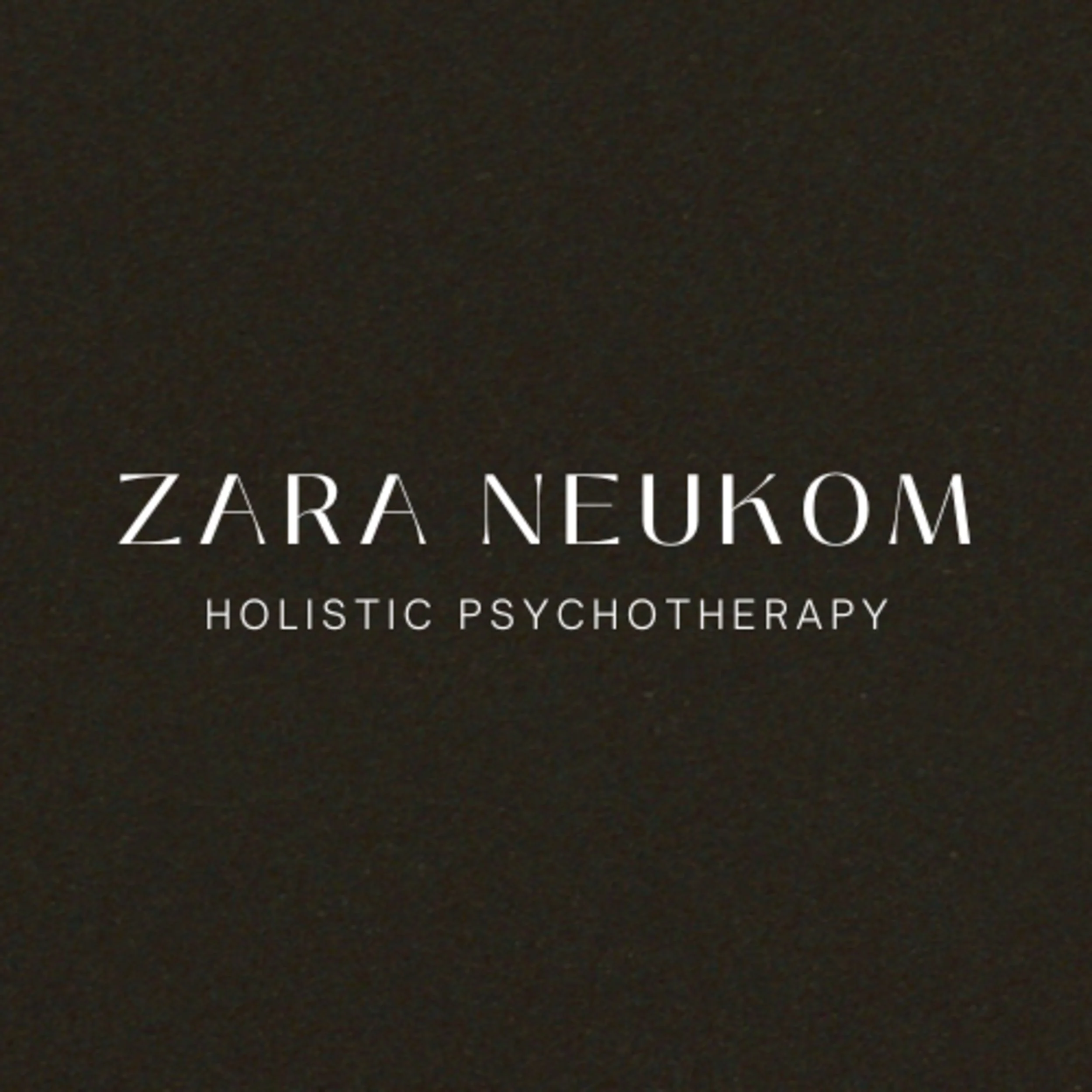 White wordmark Logo for Zara Neukom Holistic Psychotherapy on a textured dark brown background.