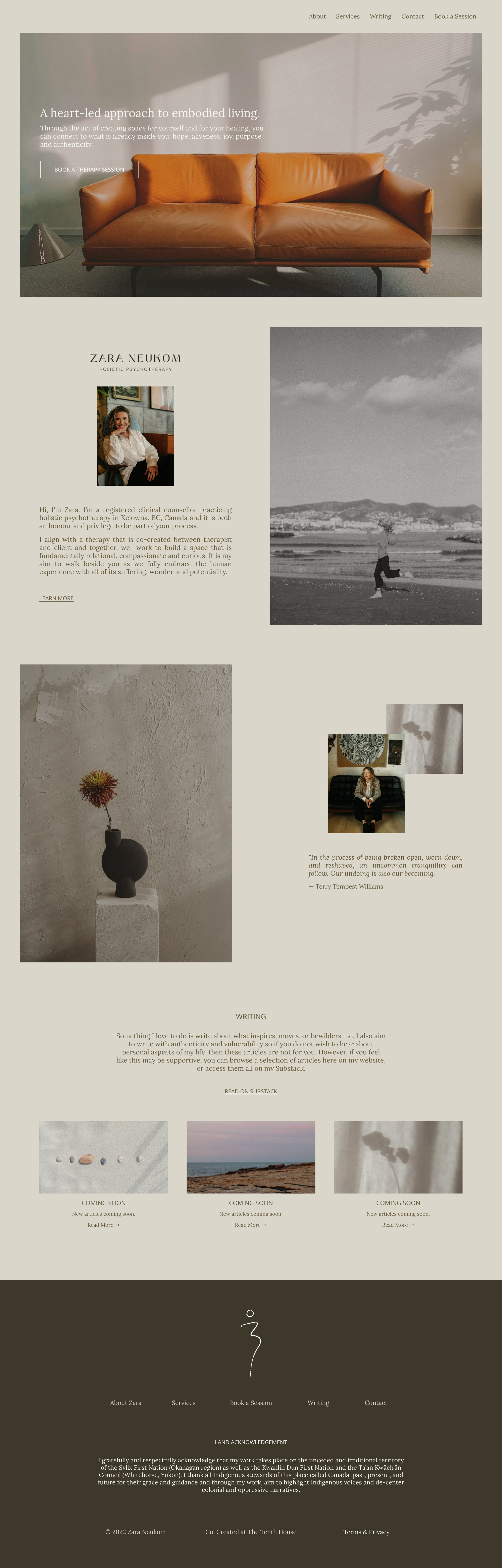 A website homepage with a beige background, featuring a large brown leather couch in a modern, minimalistic room. The webpage has navigation links at the top, a headline about holistic living, a photo of Zara Neukom, a quote, and a section about her writing. There is also a photo of a minimalistic space with a black vase and a flower, and a quote from Terry Tempest Williams. The bottom contains teaser images for upcoming articles, a footer with navigation, and a brief artist's statement.