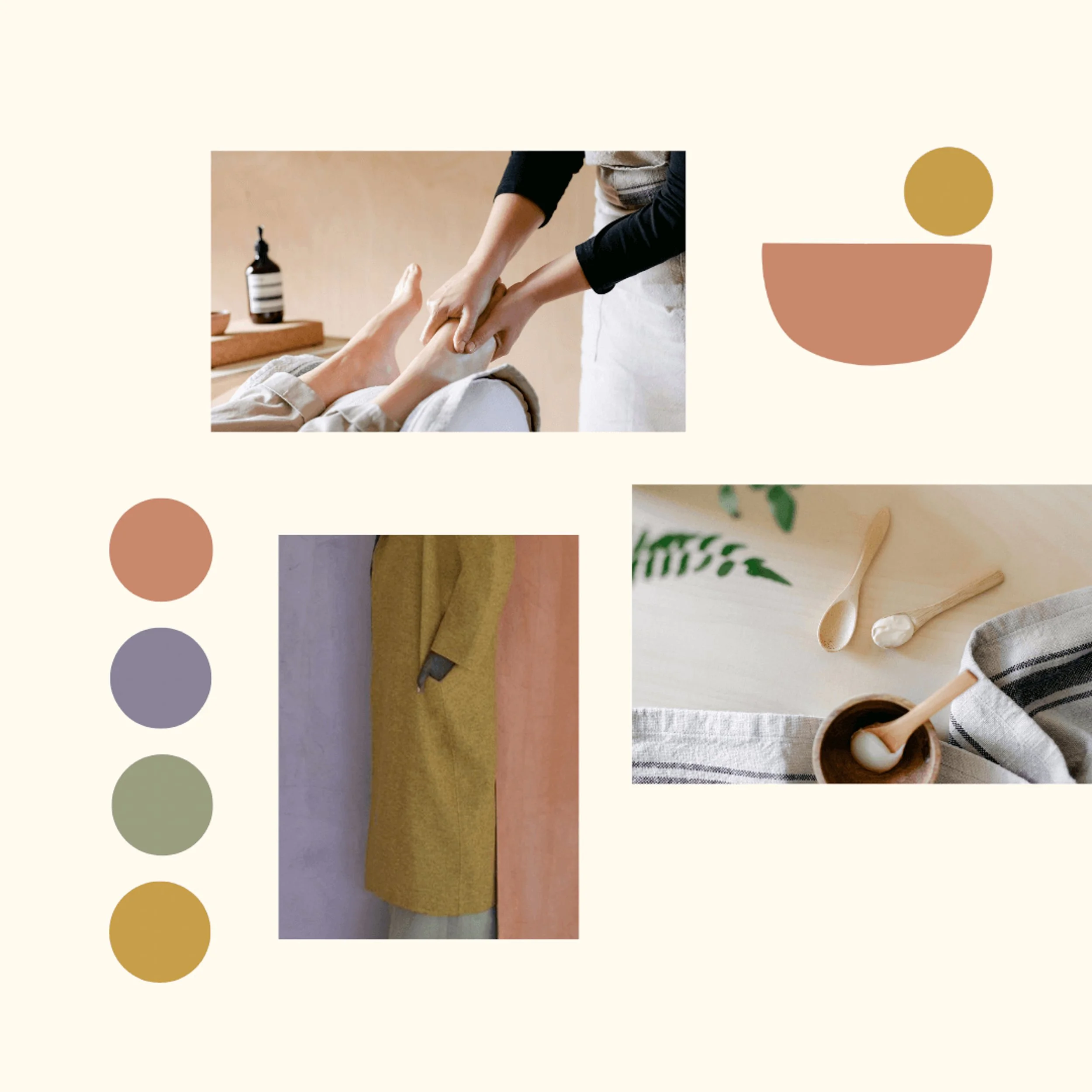 A collage featuring a massage scene, a person in a yellow coat, and a flat lay of wooden spoons and a small bowl, with pastel color palette elements.