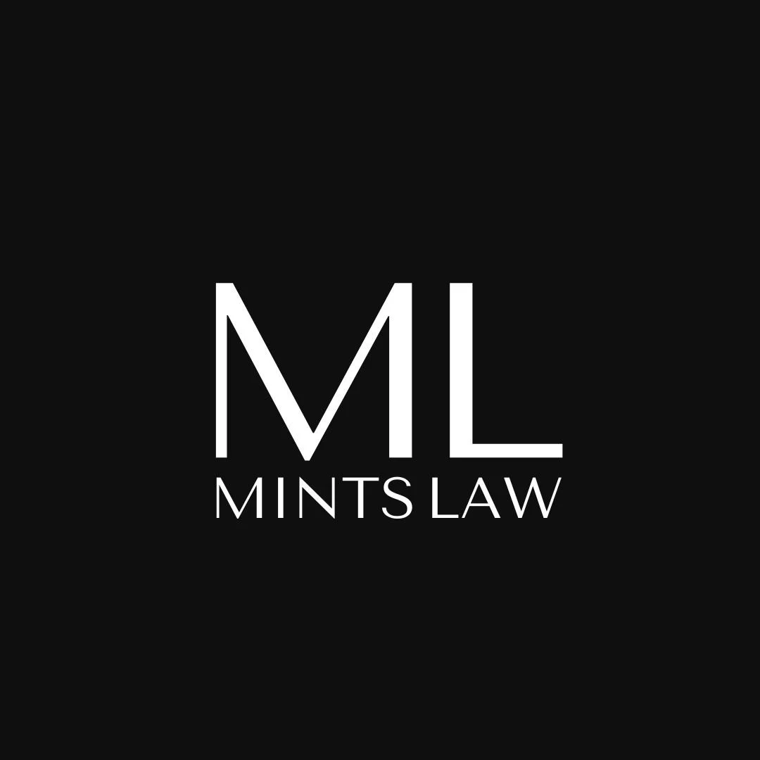 Black background with white text saying "ML Mints Law"