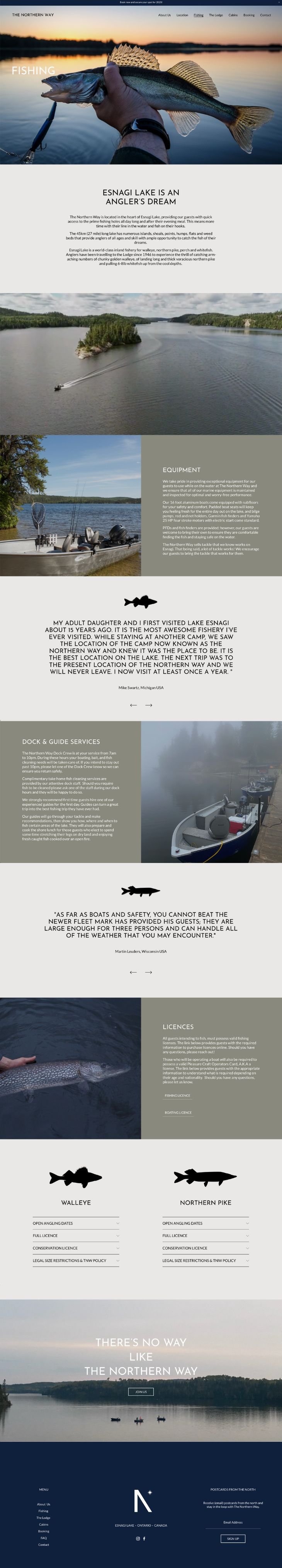 Screenshot of a website for a fishing lodge featuring full banner images, split screen sections with an image on one side and clay grey background with text on the other side, fish silhouette graphics and a tall navy blue footer.