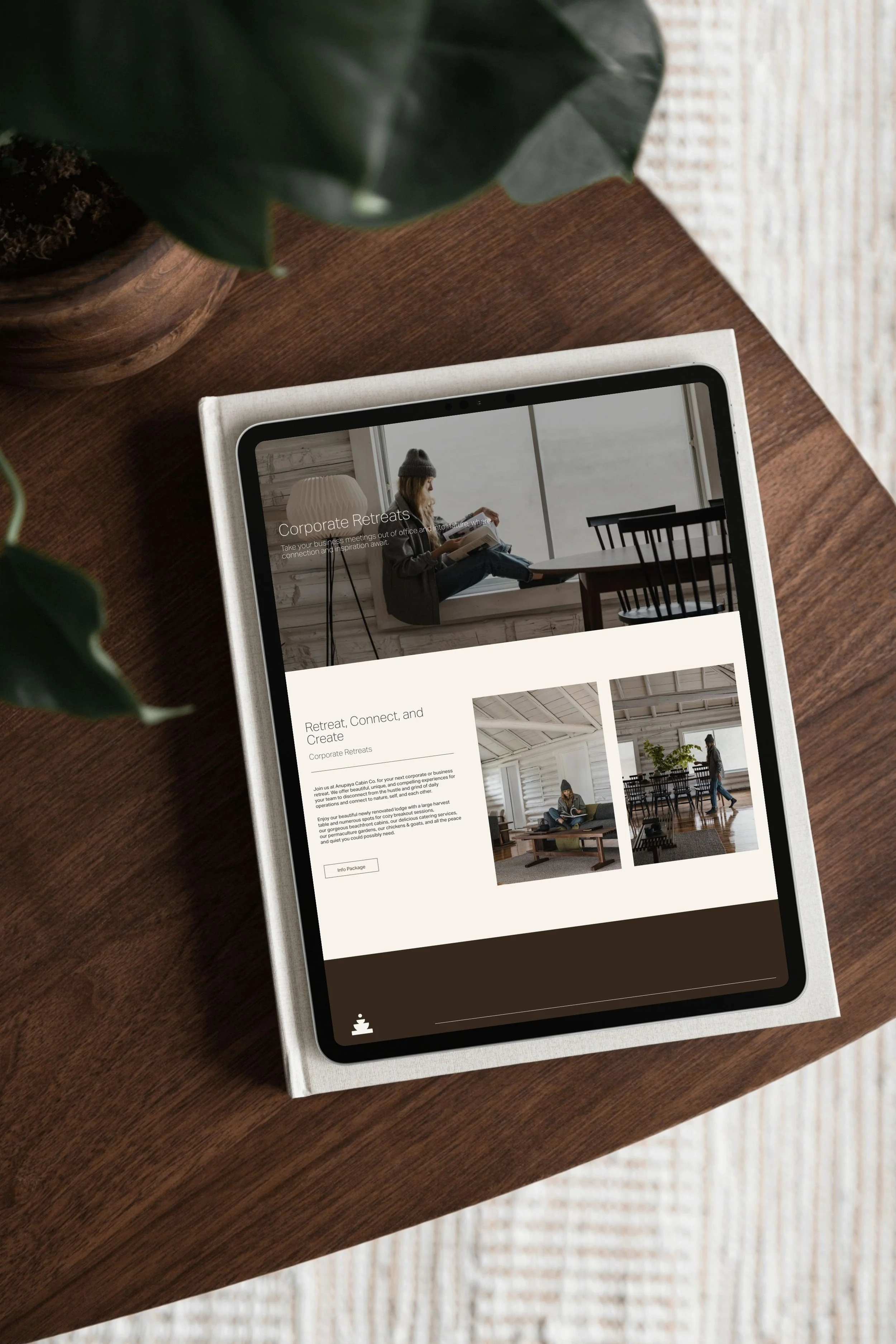 Tablet displaying an earthy modern minimalist website for Anupaya Cabin Co.  placed on a wooden table near a potted plant with large green leaves.