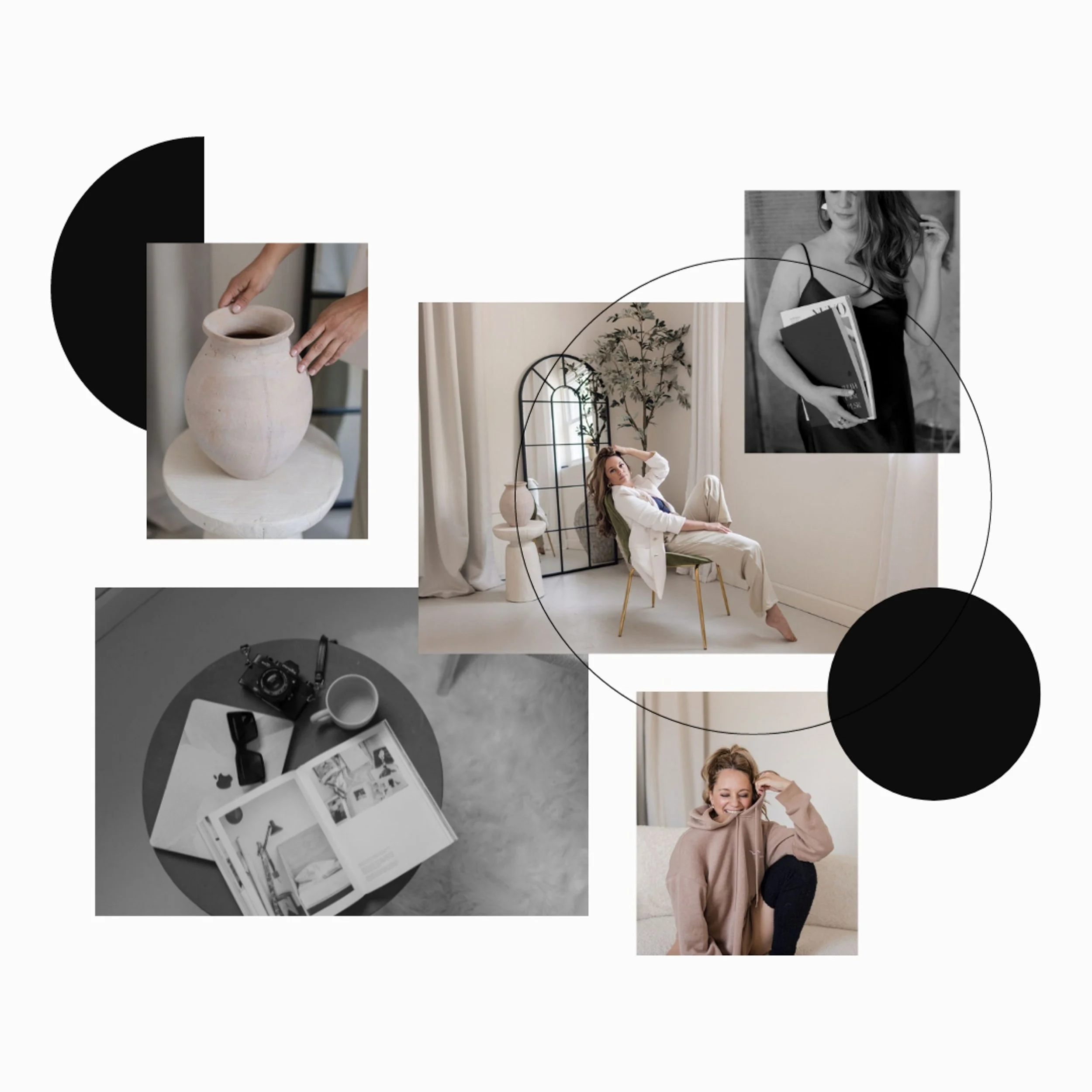 Branding collage of five photos featuring a woman sitting in a room, a woman holding books, a woman smiling in a beige hoodie, a pottery vase, and an overhead shot of a table with magazines, sunglasses, a camera, and a cup.