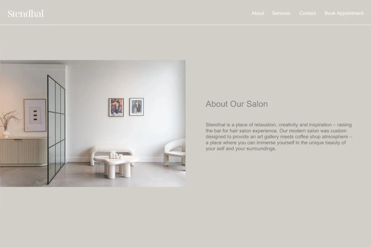 Minimalist website with a neutral colour palette with photo of a salon interior with white chairs, small white table, framed artwork on wall, and partition with geometric design.