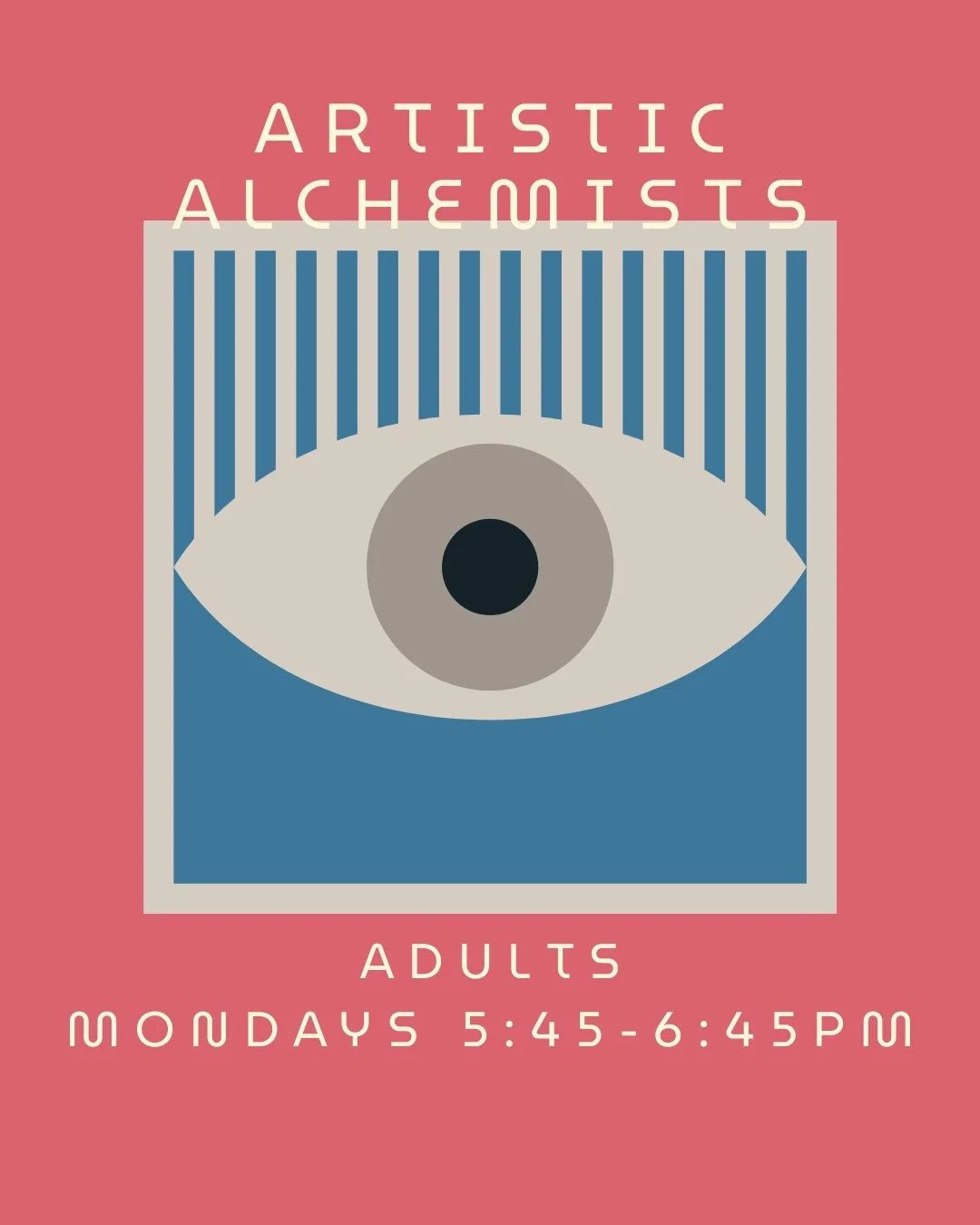 Poster advertising 'Artistic Alchemists,' a mixed media workshop series for adults of all ages, held on Saturdays from 11 AM to 12 PM, 8-week session, at the gardenartscenter.com. The background is olive green with a stylized orange branch and a light pink flower.