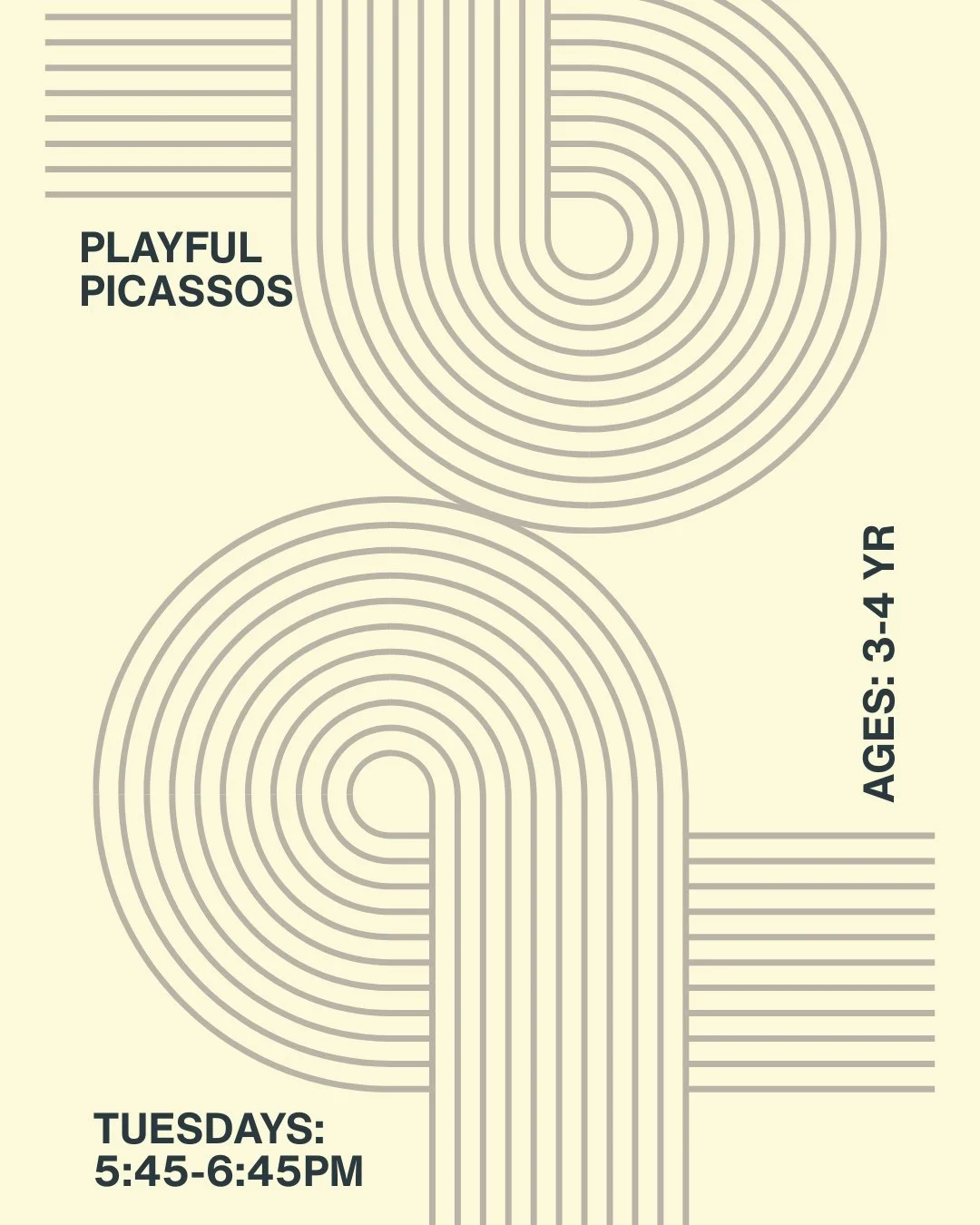 A colorful poster announcing a children's art workshop titled 'Playful Picassos' for ages 3-4 years old, with sessions on Tuesday and Saturday mornings, featuring abstract shapes and vibrant colors.