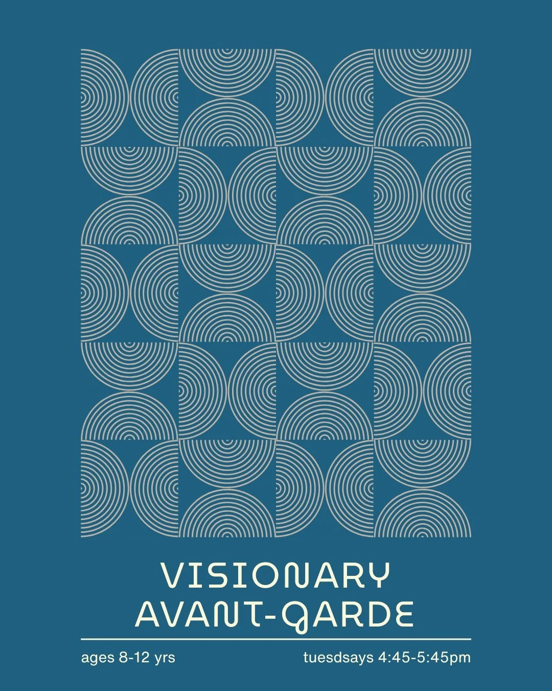 Pink background poster with blue abstract flower illustrations promoting a Visionary Avant-Garde mixed media workshop class for children ages 8 to 12, held Wednesdays from 5:45 to 6:45 PM during an 8-week session at thegardenartscenter.com.