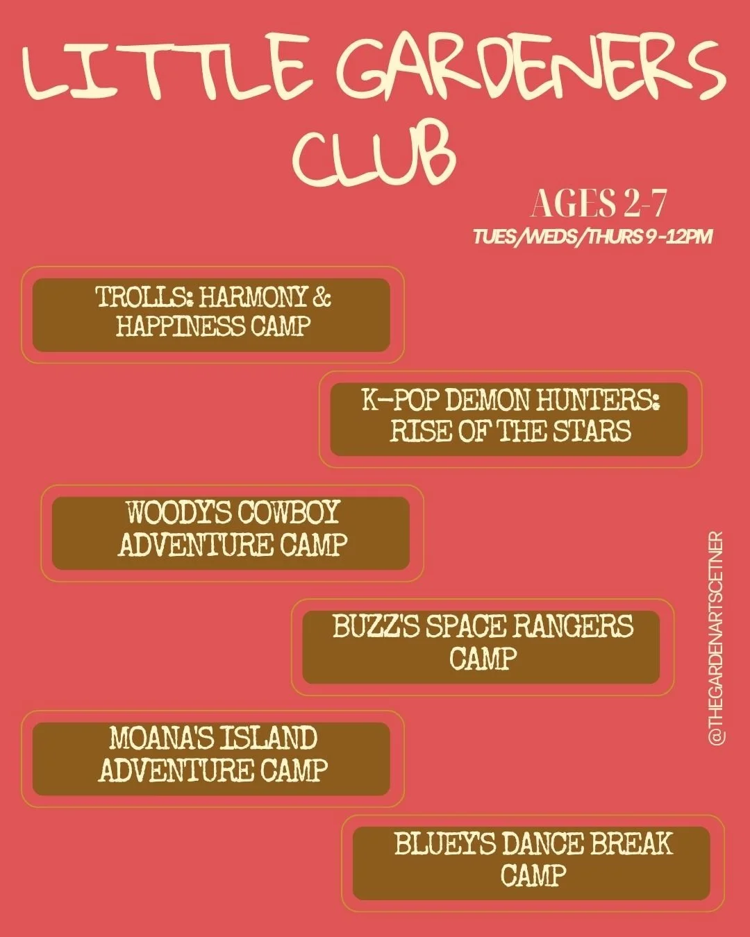 A summer event schedule flyer for the Summer 2025 at the Gardens Phase 1. It features classes such as ballet, tap, jazz, and flip hop on Wednesdays from 4:45 to 6:30 PM, with different weekly session options. The flyer mentions three and six-week intensive programs, beginning the week of July 6th, and invites viewers to check other collectives for additional summer programming, with classes every Wednesday for six weeks.