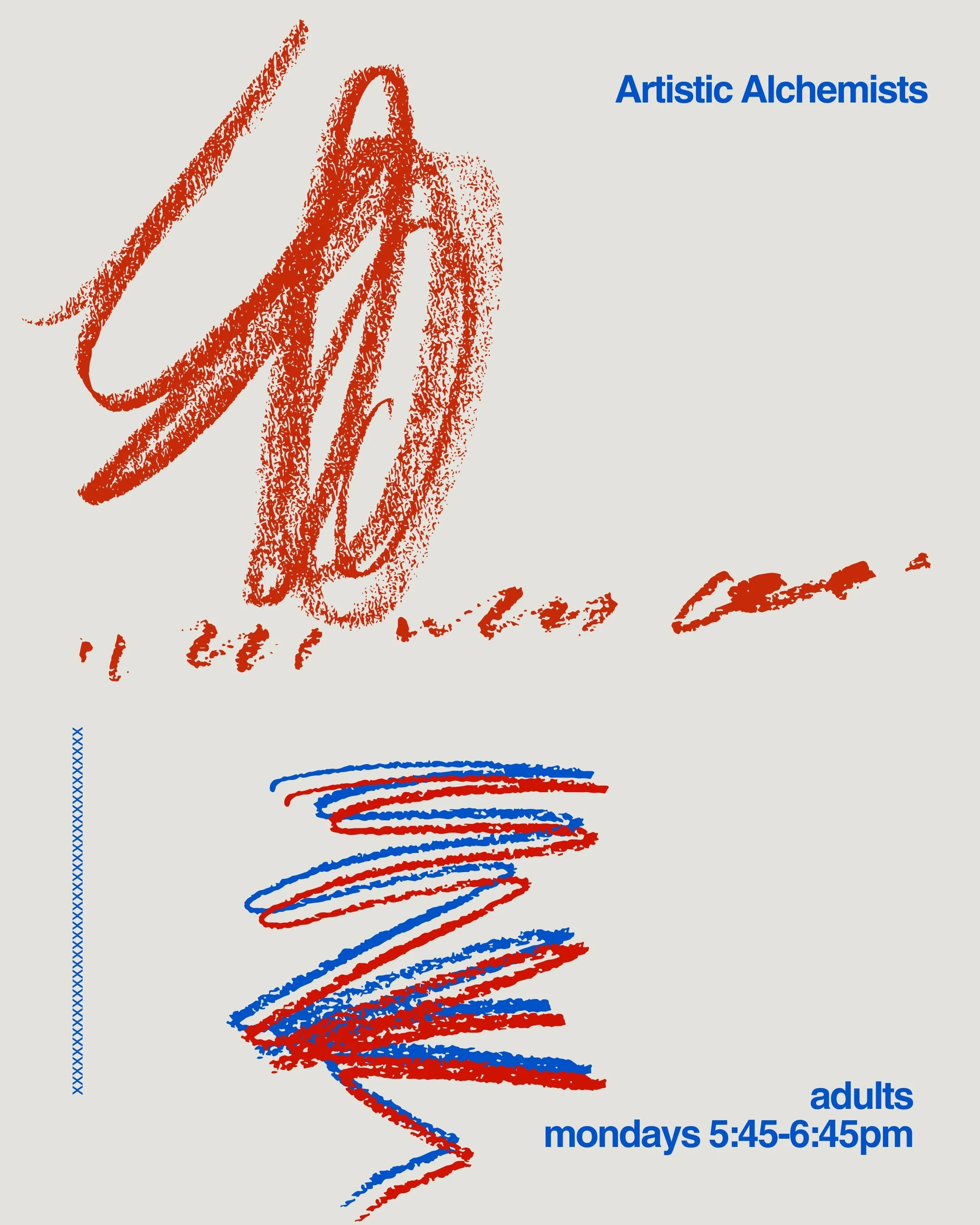 Poster advertising 'Artistic Alchemists,' a mixed media workshop series for adults of all ages, held on Saturdays from 11 AM to 12 PM, 8-week session, at the gardenartscenter.com. The background is olive green with a stylized orange branch and a light pink flower.