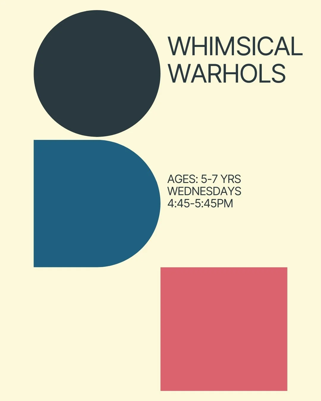 A vibrant promotional poster for a whimsical art class for children aged 5-7, featuring orange and pink colors with wavy patterns, providing class schedule details including days, times, session length, and a website link.