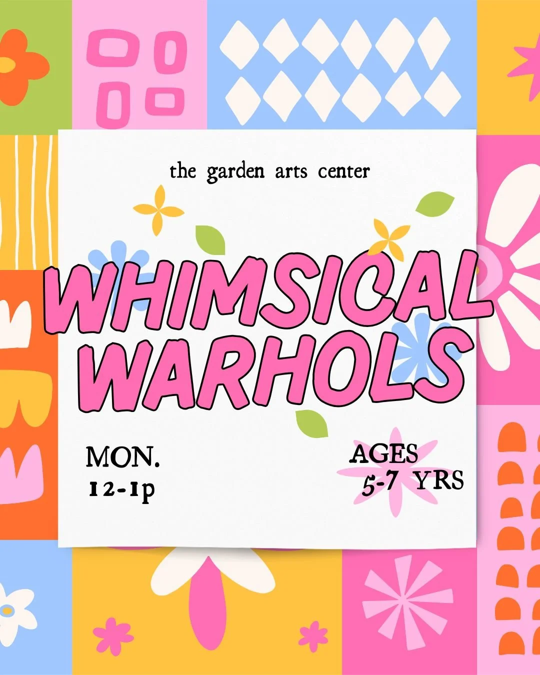 A vibrant promotional poster for a whimsical art class for children aged 5-7, featuring orange and pink colors with wavy patterns, providing class schedule details including days, times, session length, and a website link.