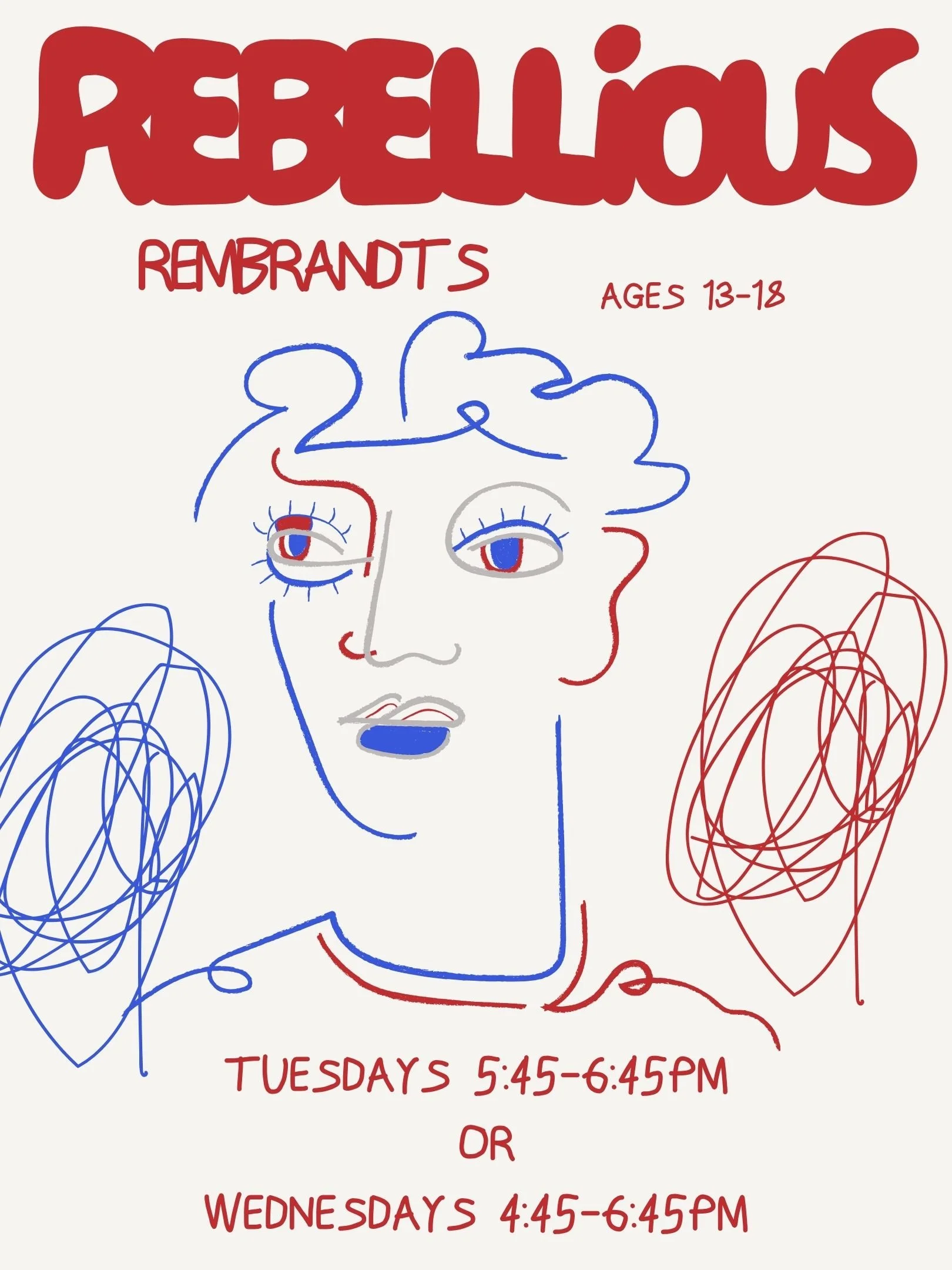 Flyer for a workshop titled "Rebellious Rembrandts" with decorative illustrations of leaves and a bird on a pink background, details about sessions for ages 13-19, Fridays 6:45-7:45 PM, 8-week session at TheGardenArtsCenter.com.