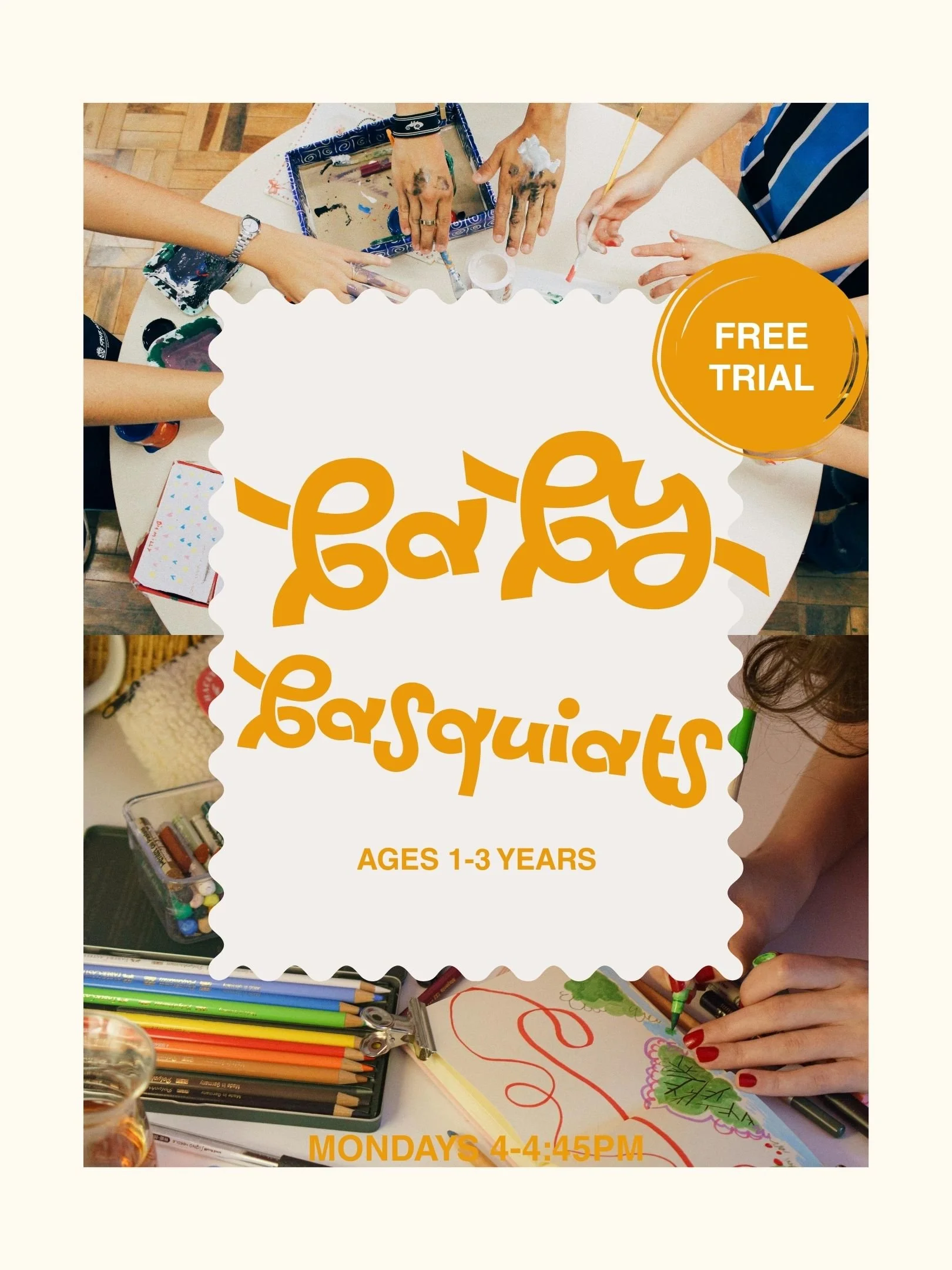 Flyer for a Baby Basquats class with an artistic floral background. It promotes a mix media workshop for children ages 1-2 years, scheduled on Tuesdays and Saturdays from 10:00 to 10:30 am.