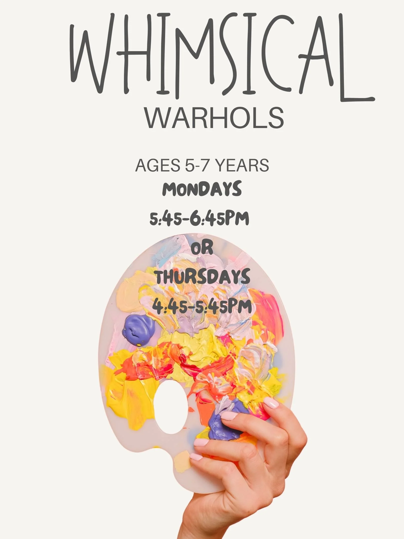 A vibrant promotional poster for a whimsical art class for children aged 5-7, featuring orange and pink colors with wavy patterns, providing class schedule details including days, times, session length, and a website link.