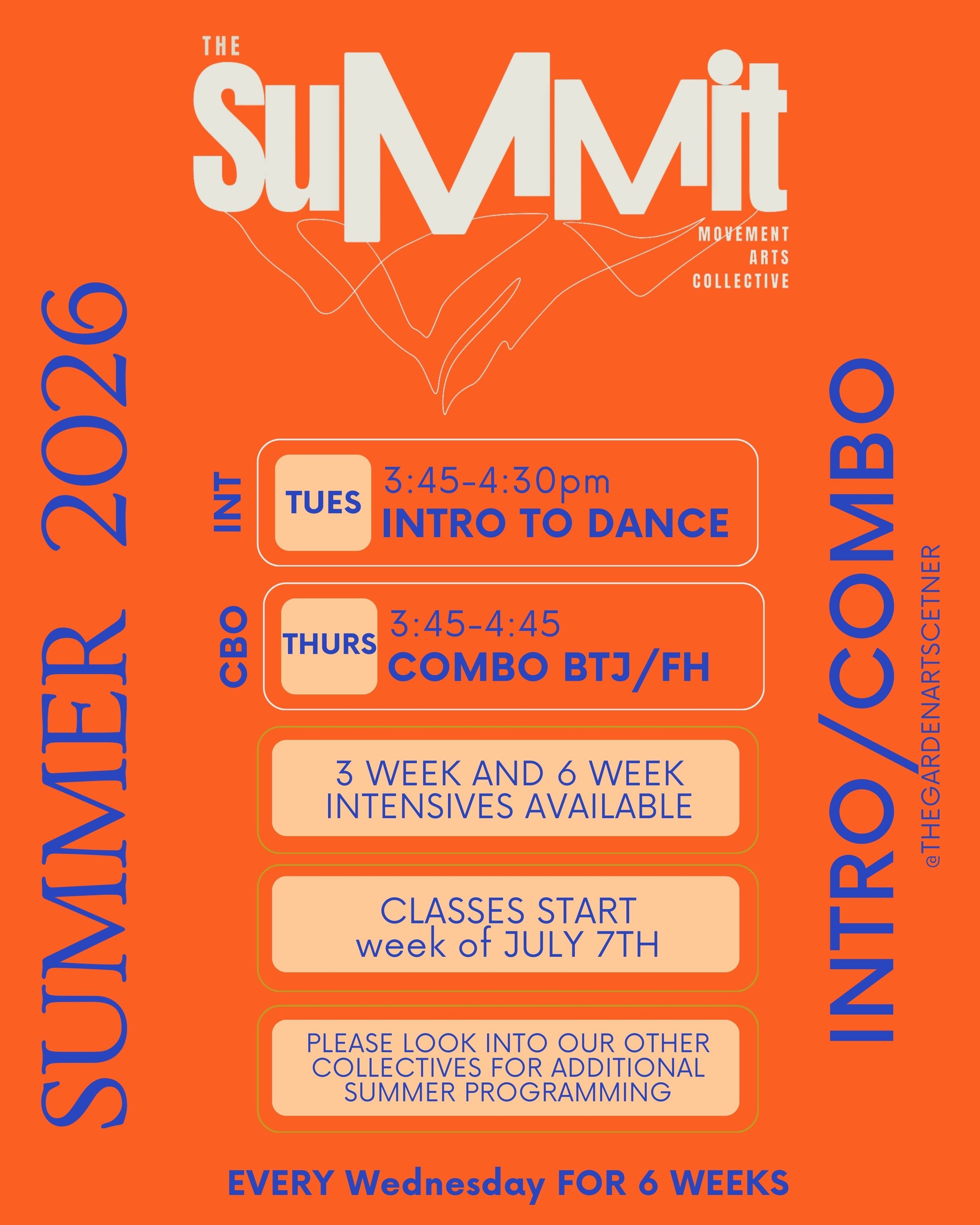 Summer 2026 dance classes schedule with dates, times, and details about class offerings like ballet, tap, jazz, and flip hop, including information about 3 and 6-week intensive programs and class start date in July.