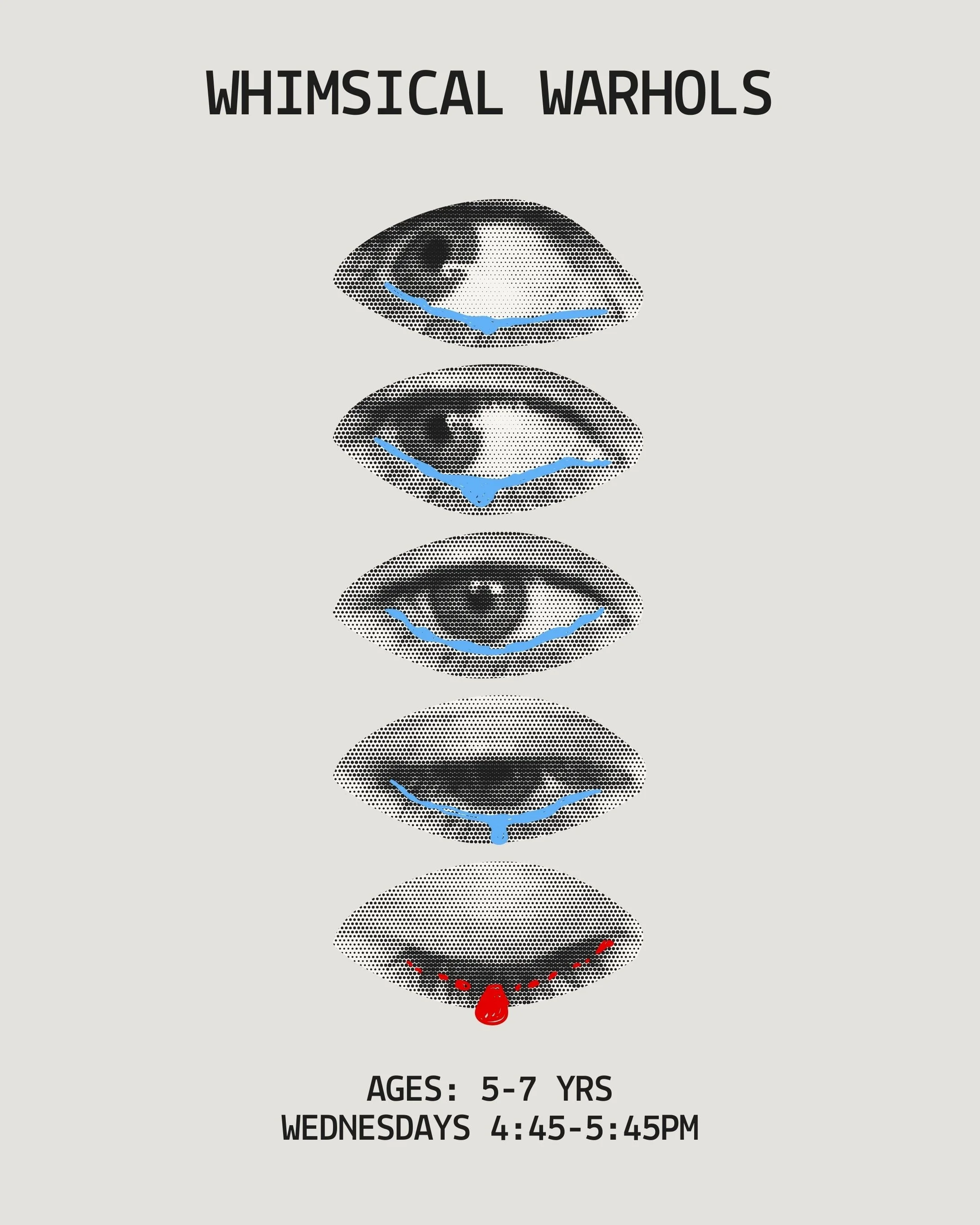 A vibrant promotional poster for a whimsical art class for children aged 5-7, featuring orange and pink colors with wavy patterns, providing class schedule details including days, times, session length, and a website link.