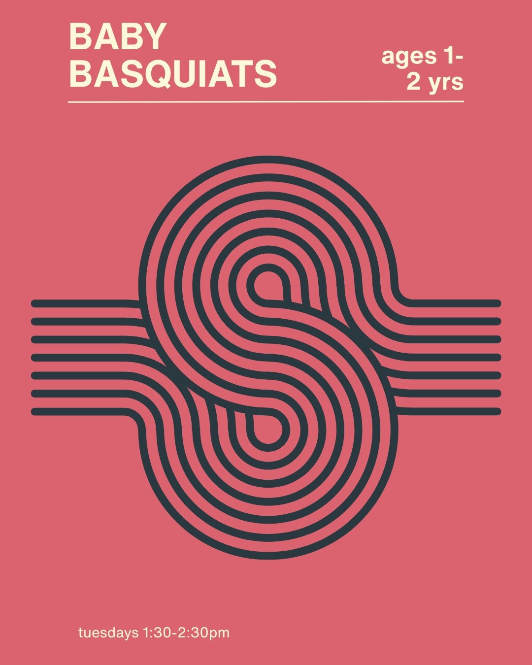 Flyer for a Baby Basquats class with an artistic floral background. It promotes a mix media workshop for children ages 1-2 years, scheduled on Tuesdays and Saturdays from 10:00 to 10:30 am.